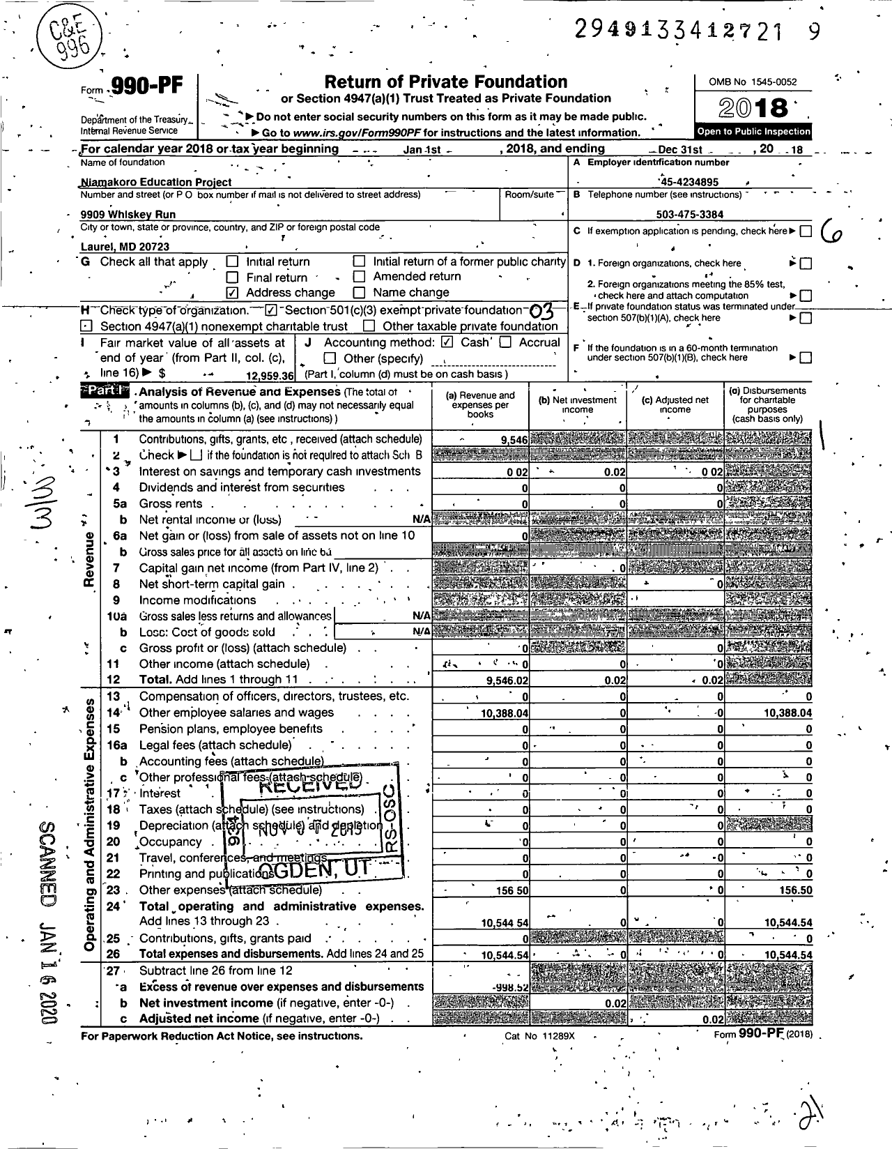 Image of first page of 2018 Form 990PF for Niamakoro Education Project