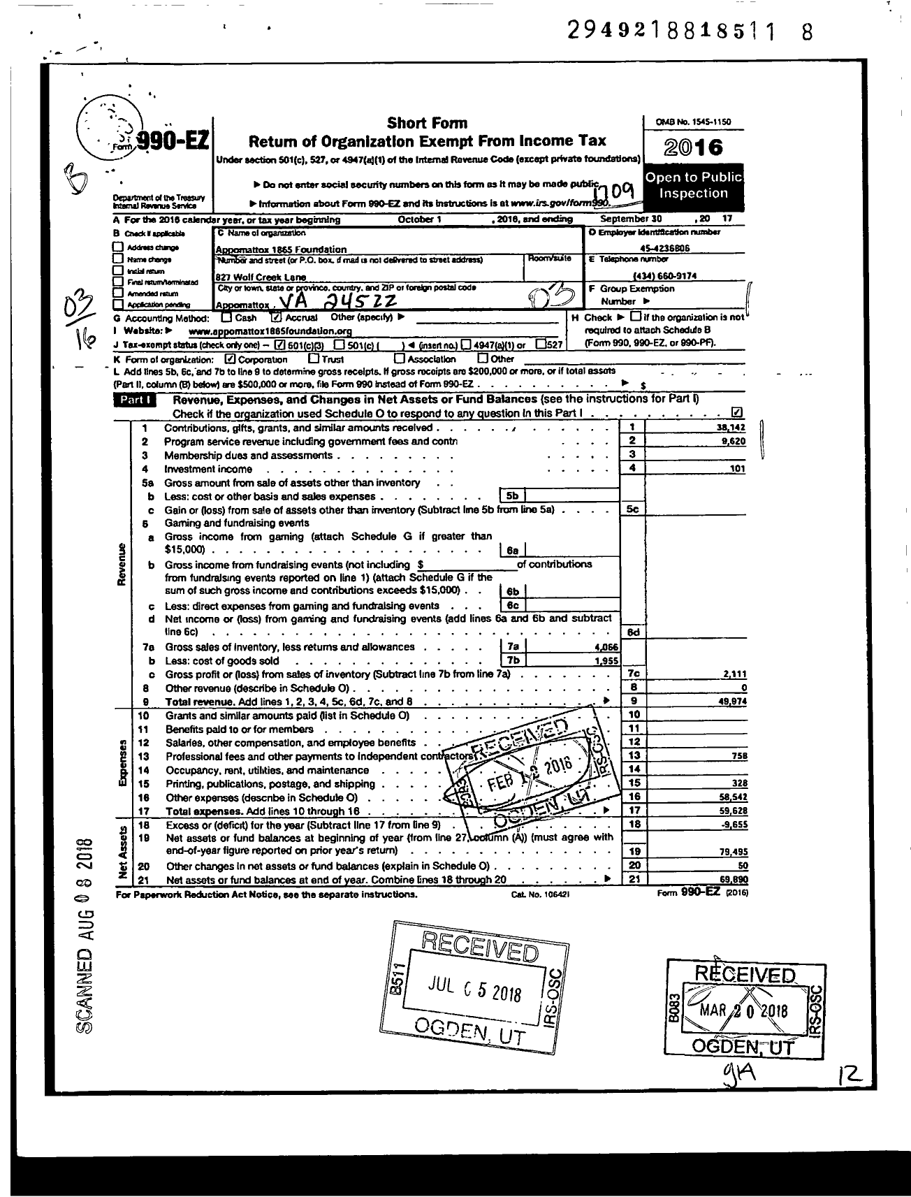 Image of first page of 2016 Form 990 for Appomattox 1865 Foundation