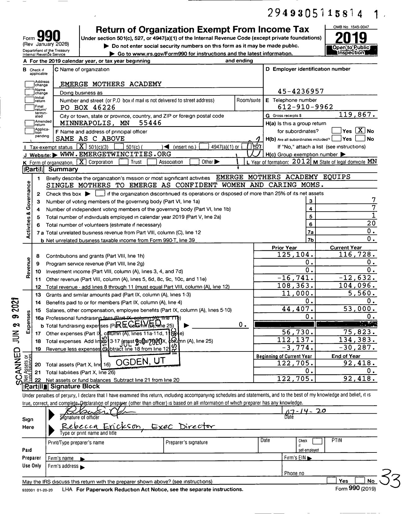 Image of first page of 2019 Form 990 for Emerge Mothers Academy