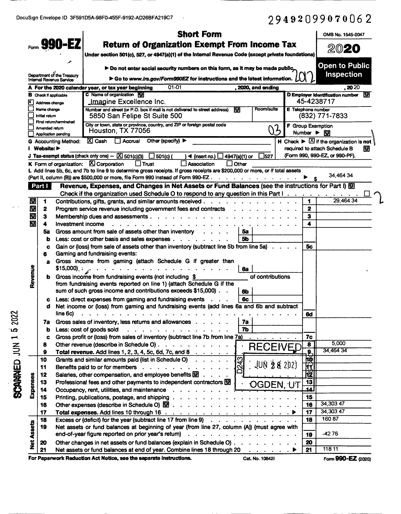 Image of first page of 2020 Form 990EZ for Imagine Excellence