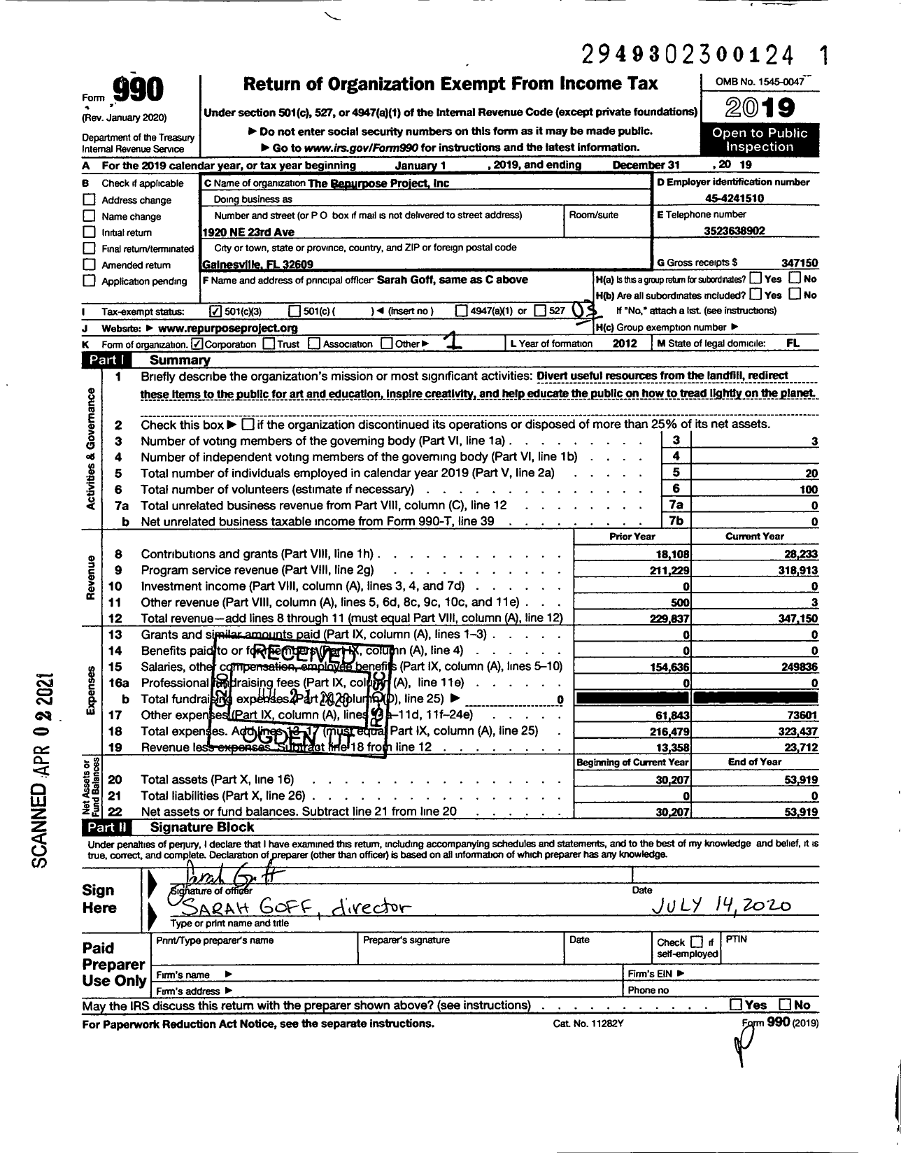 Image of first page of 2019 Form 990 for Repurpose Project