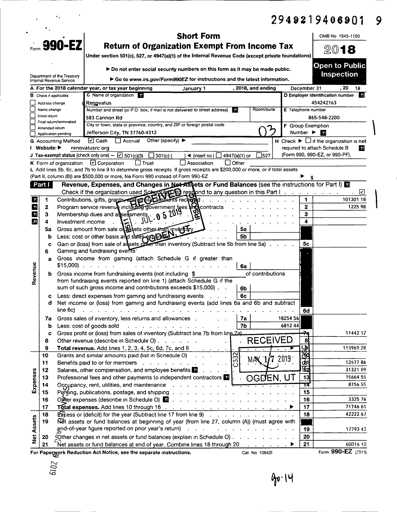 Image of first page of 2018 Form 990EZ for Renovatus