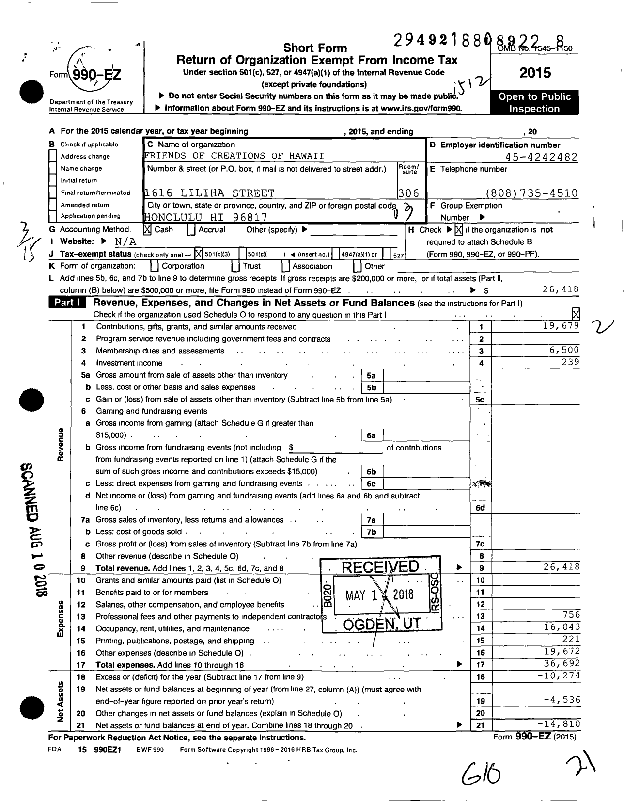 Image of first page of 2015 Form 990EZ for Friends of Creations of Hawaii