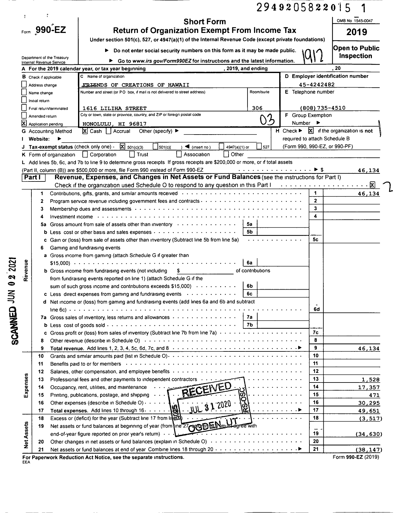 Image of first page of 2019 Form 990EZ for Friends of Creations of Hawaii