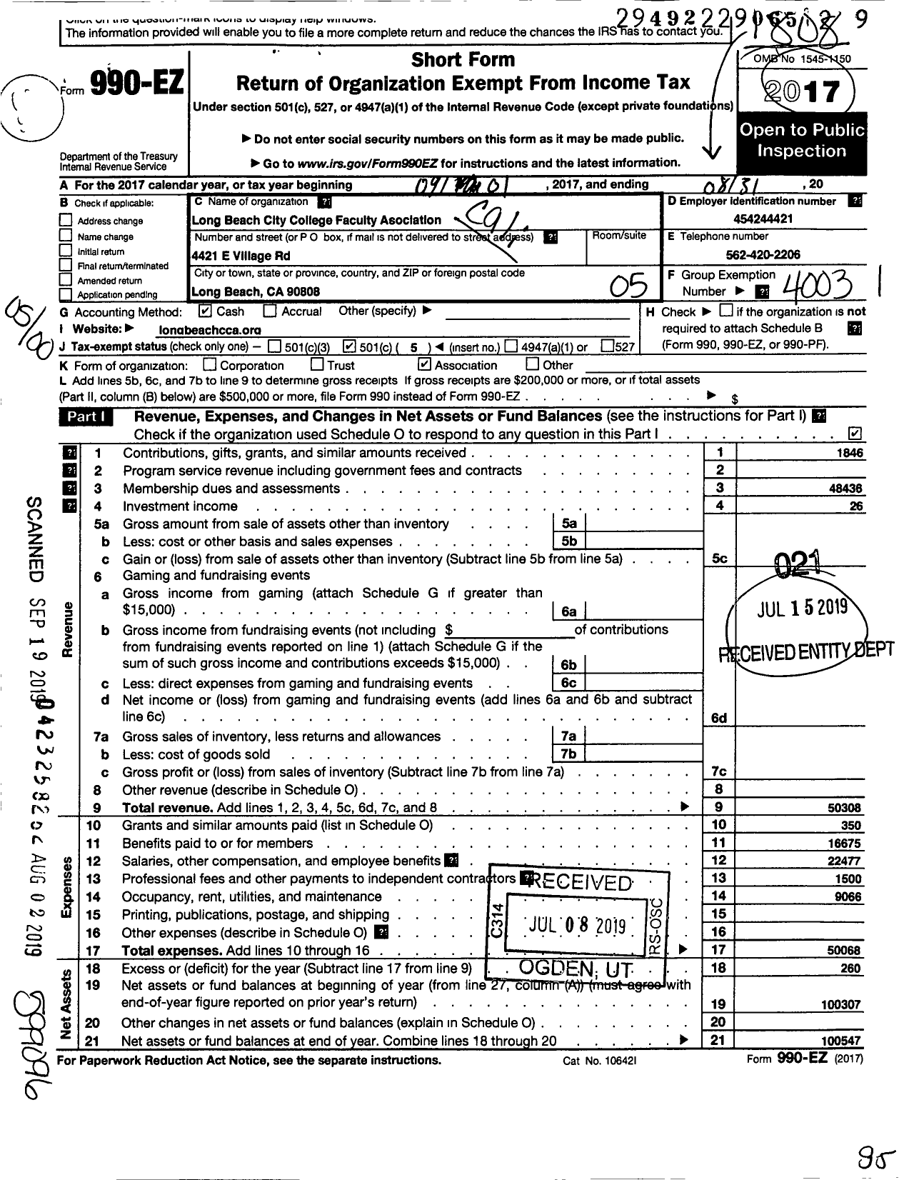 Image of first page of 2017 Form 990EO for California Teachers Association - Long Beach City College Faculty