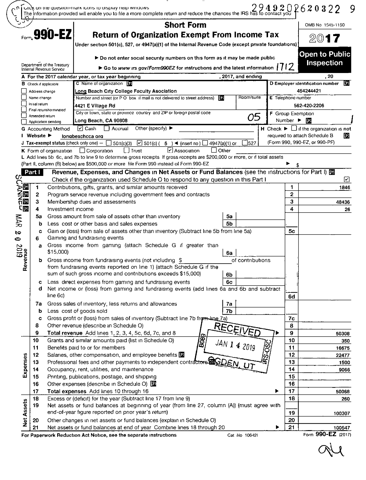 Image of first page of 2017 Form 990EO for California Teachers Association - Long Beach City College Faculty