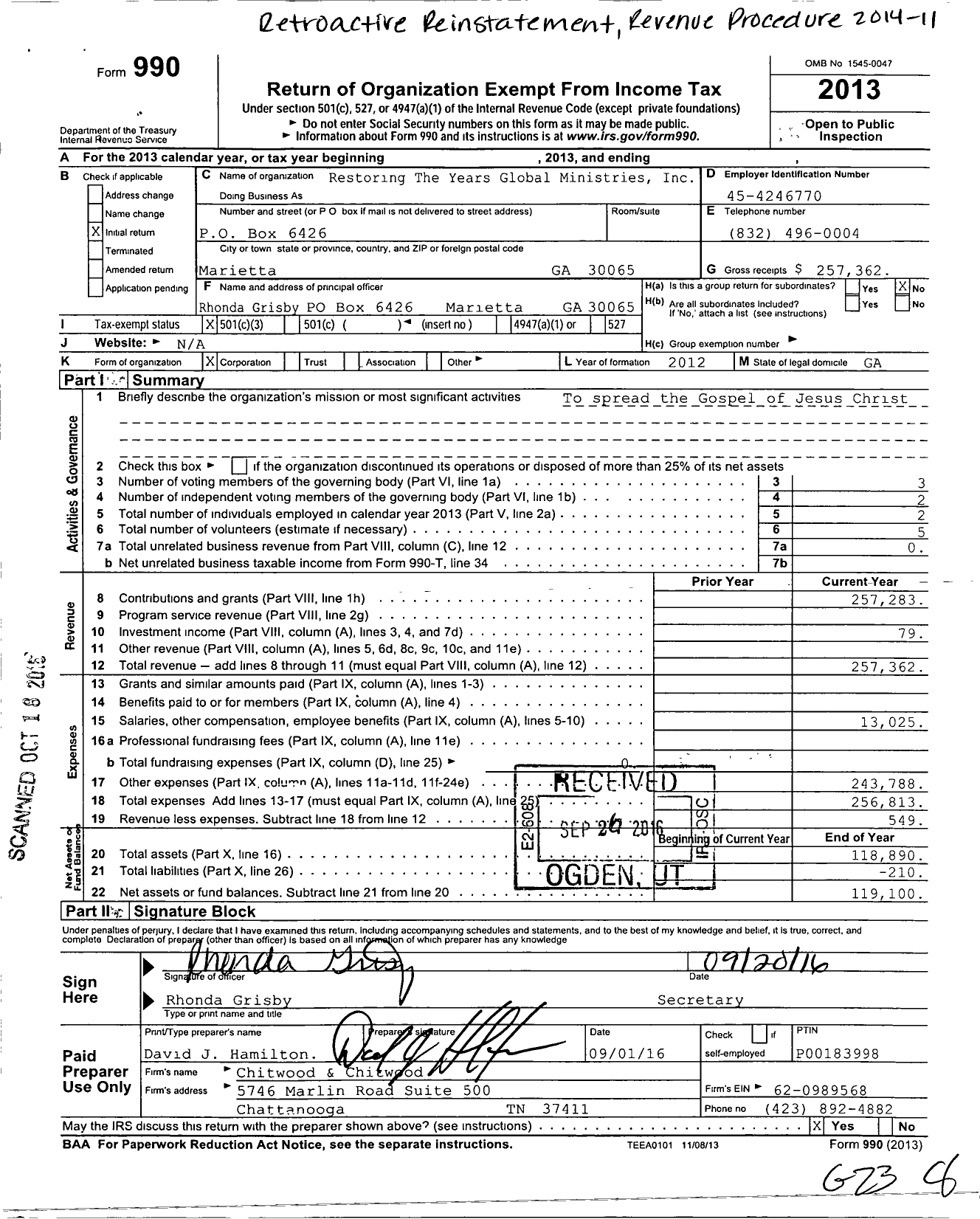 Image of first page of 2013 Form 990 for Restoring the Years Global Ministries