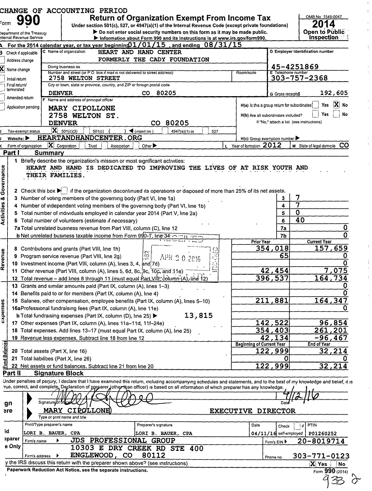Image of first page of 2014 Form 990 for Heart and Hand Center