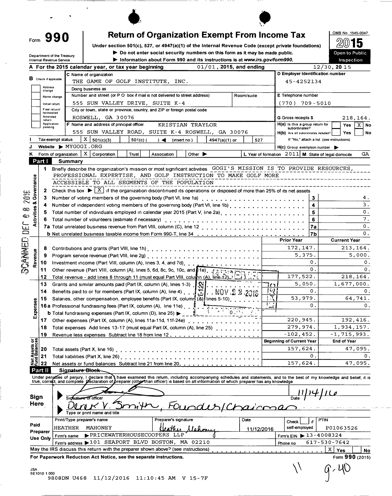 Image of first page of 2015 Form 990 for Game of Golf Institute