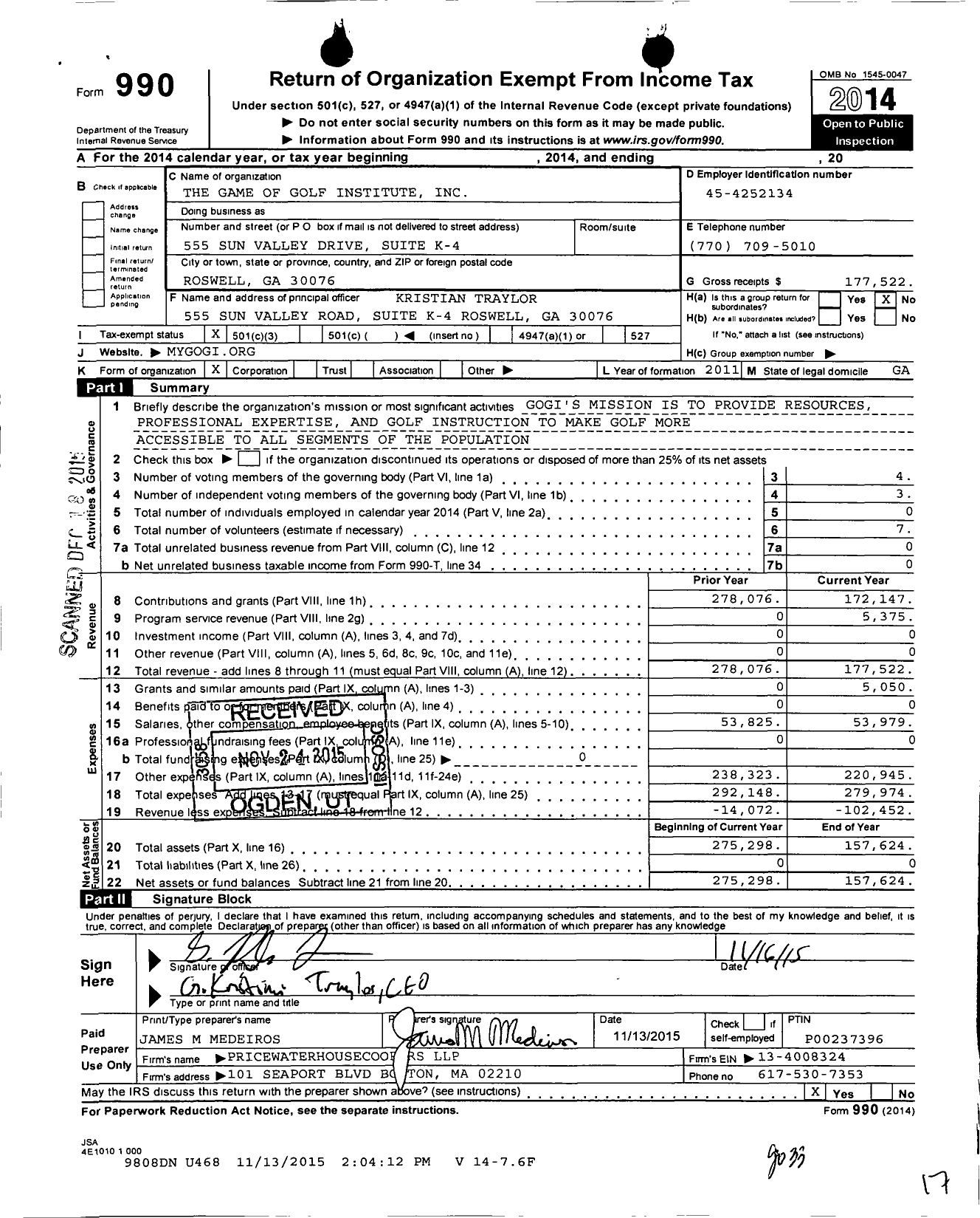 Image of first page of 2014 Form 990 for Game of Golf Institute