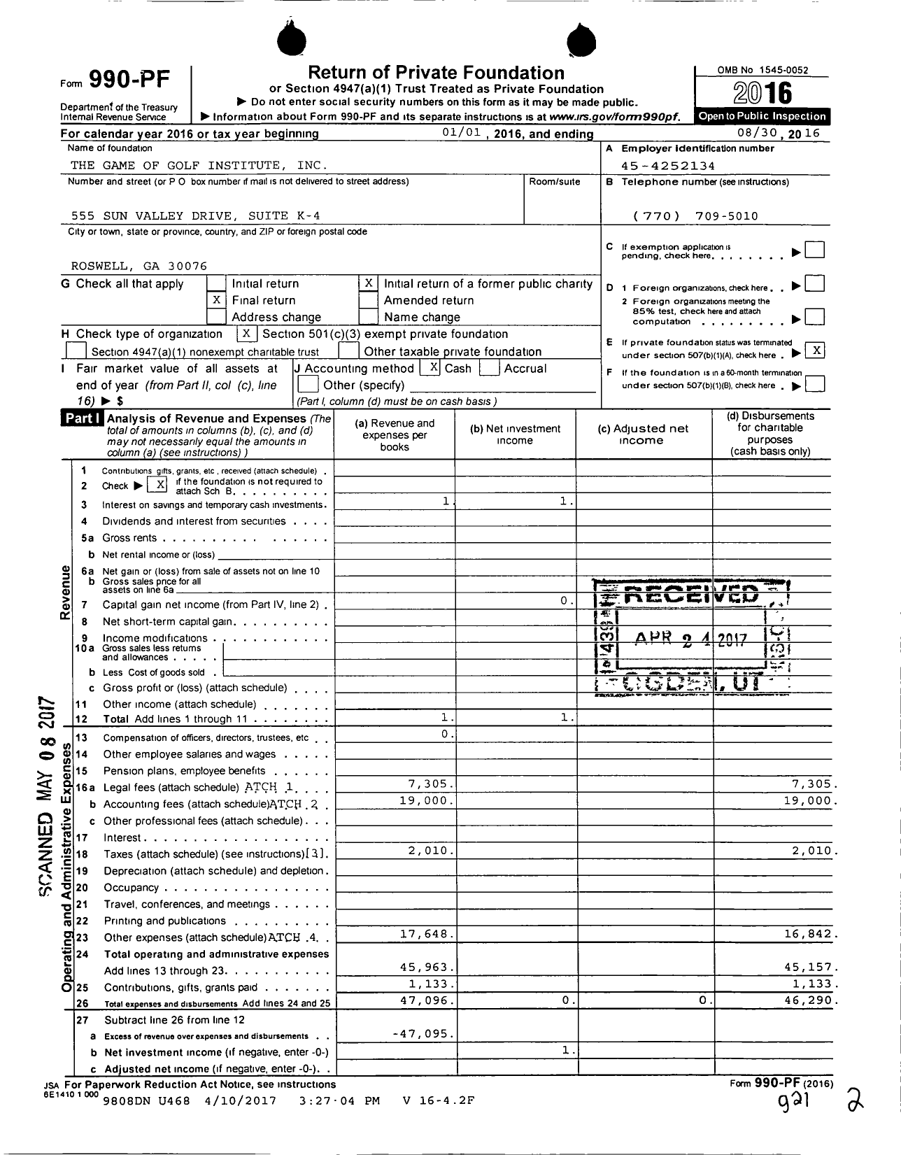 Image of first page of 2015 Form 990PF for Game of Golf Institute