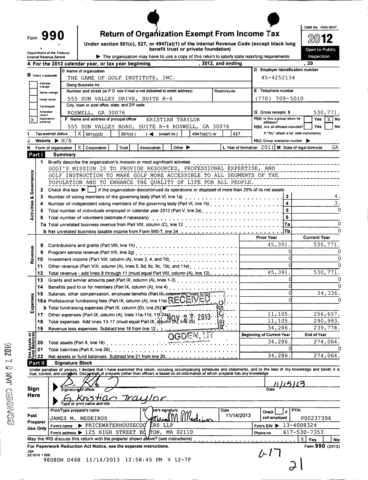 Image of first page of 2012 Form 990 for Game of Golf Institute