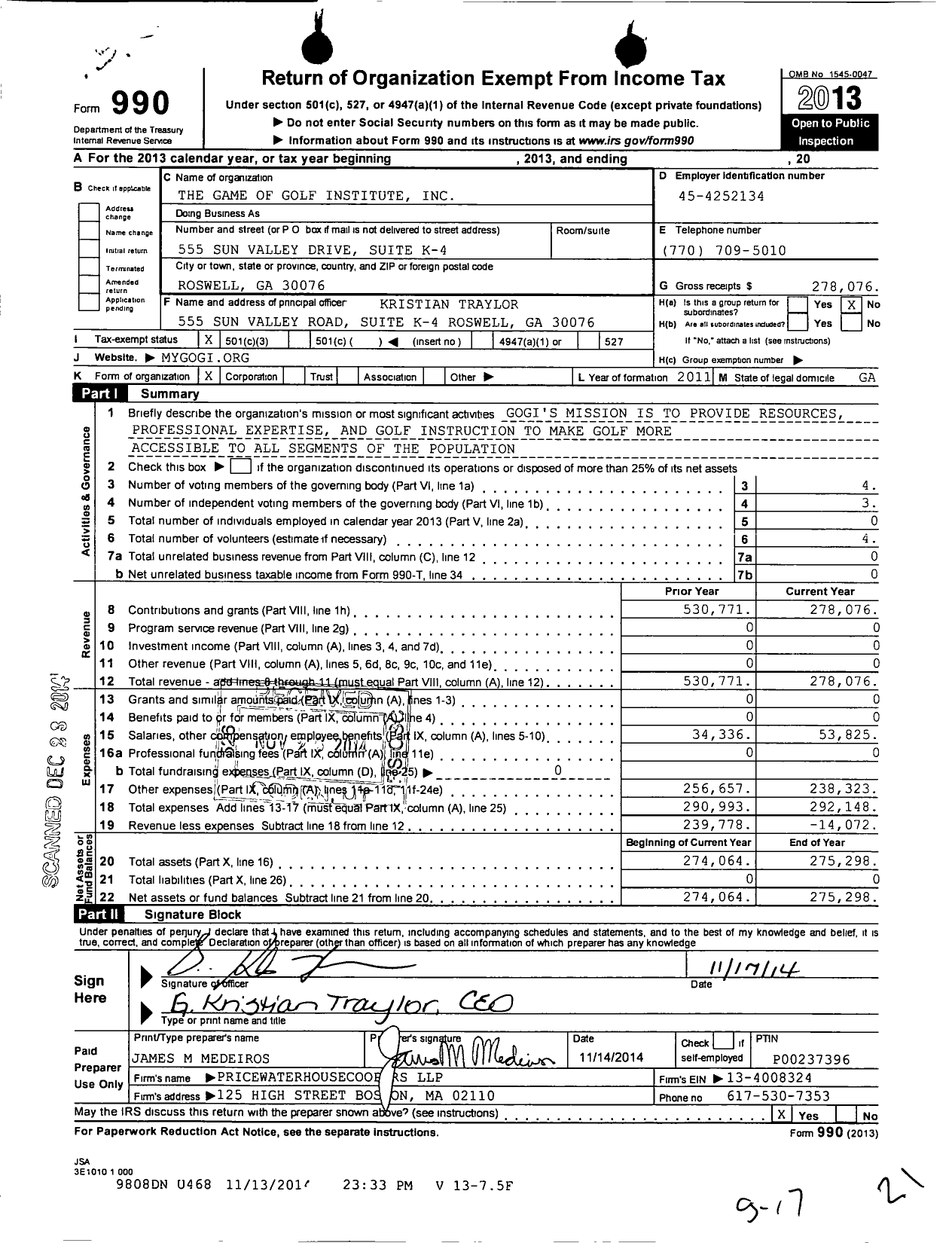 Image of first page of 2013 Form 990 for Game of Golf Institute