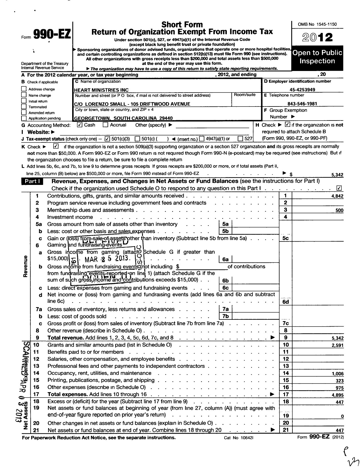 Image of first page of 2012 Form 990EZ for Heart for Humanity