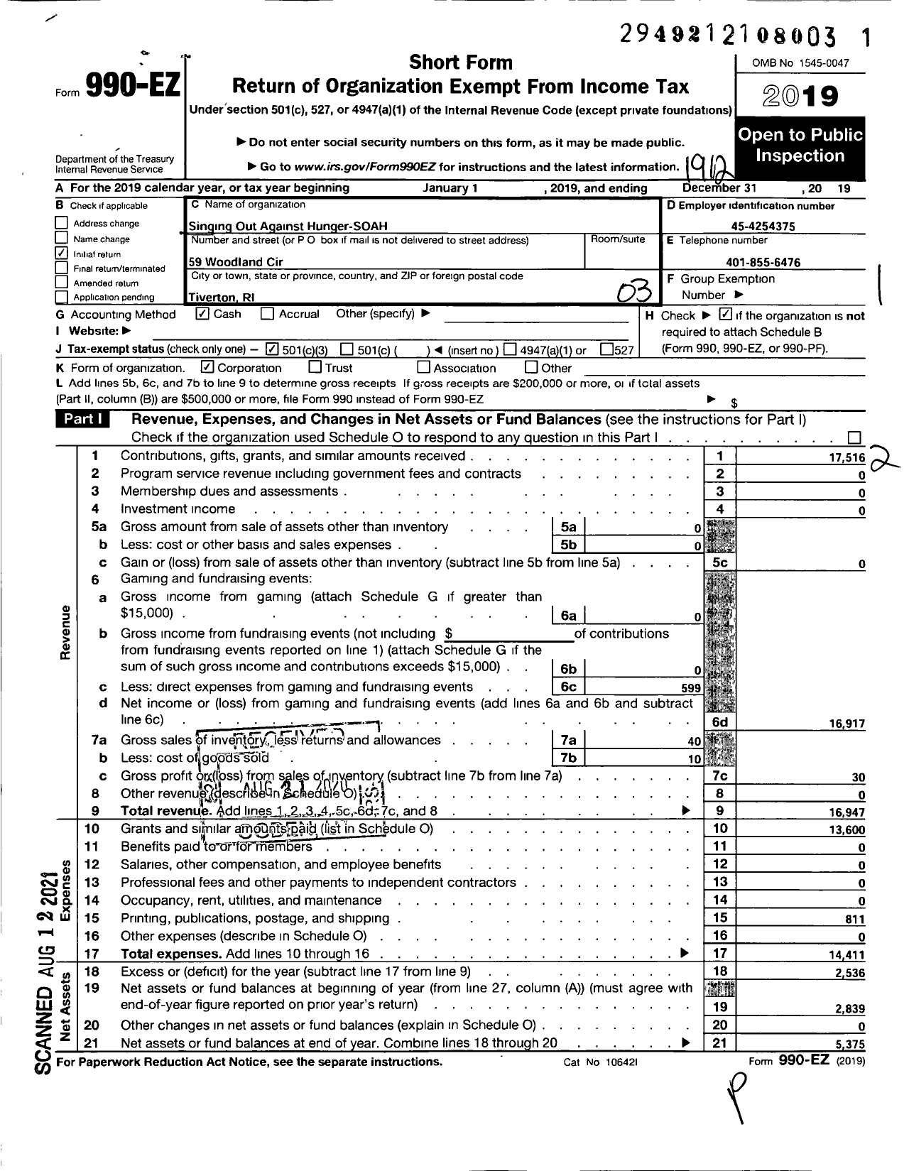 Image of first page of 2019 Form 990EZ for Singing Out Against Hunger-Soah