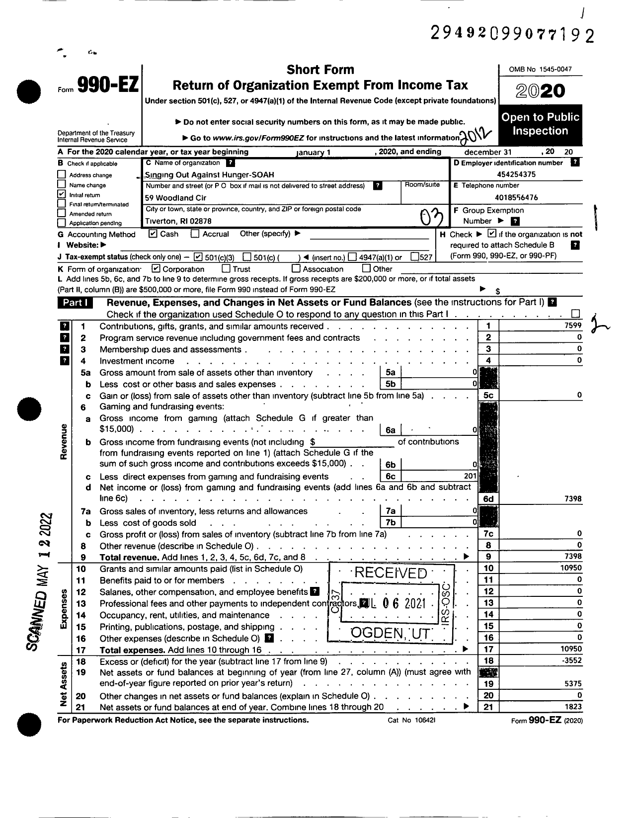 Image of first page of 2020 Form 990EZ for Singing Out Against Hunger-Soah