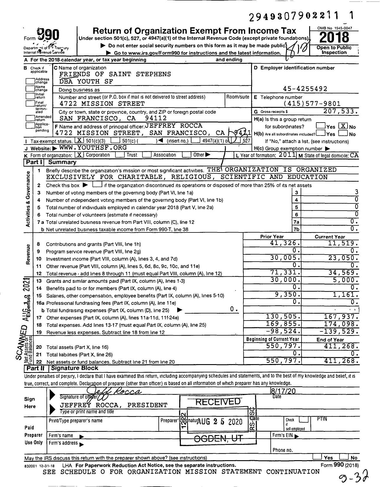 Image of first page of 2018 Form 990 for Youth SF