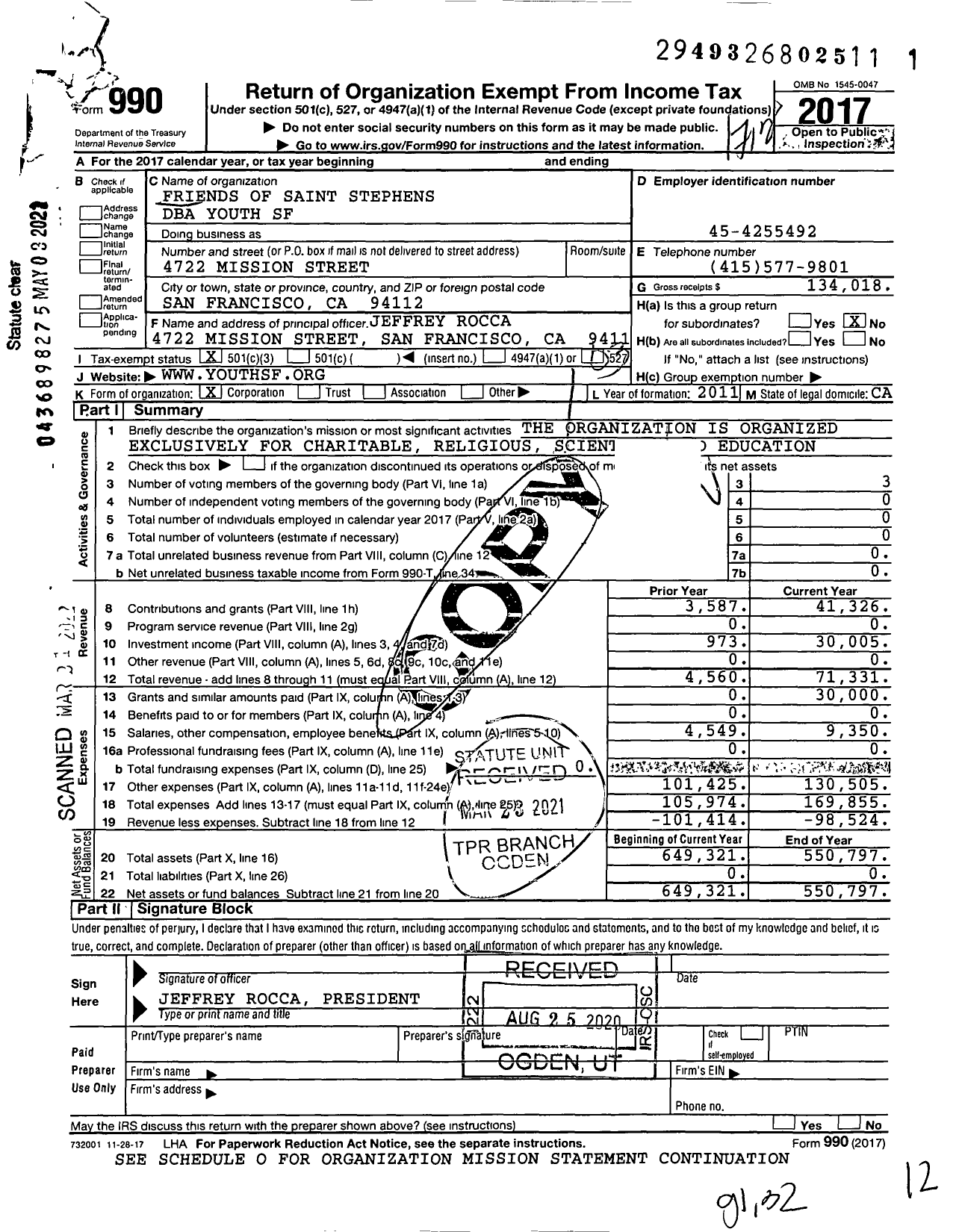 Image of first page of 2017 Form 990 for Youth SF