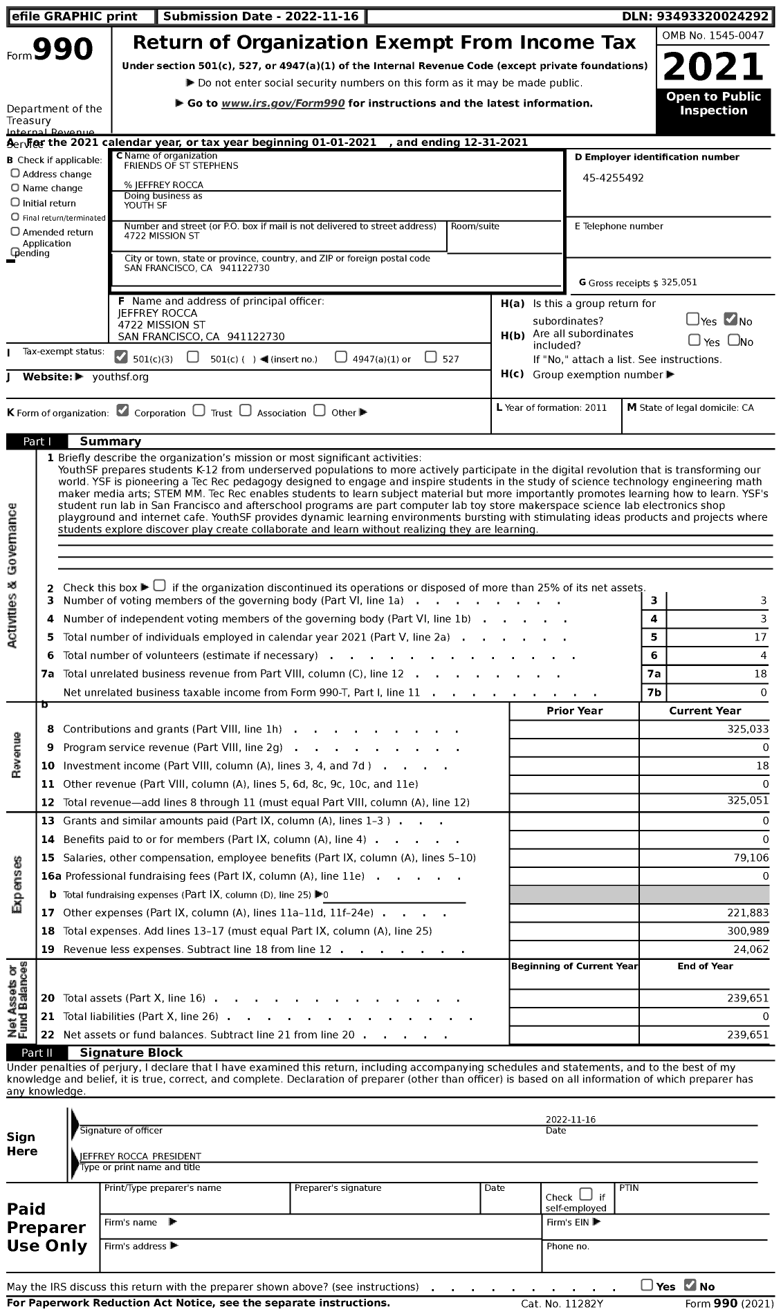 Image of first page of 2021 Form 990 for Youth SF