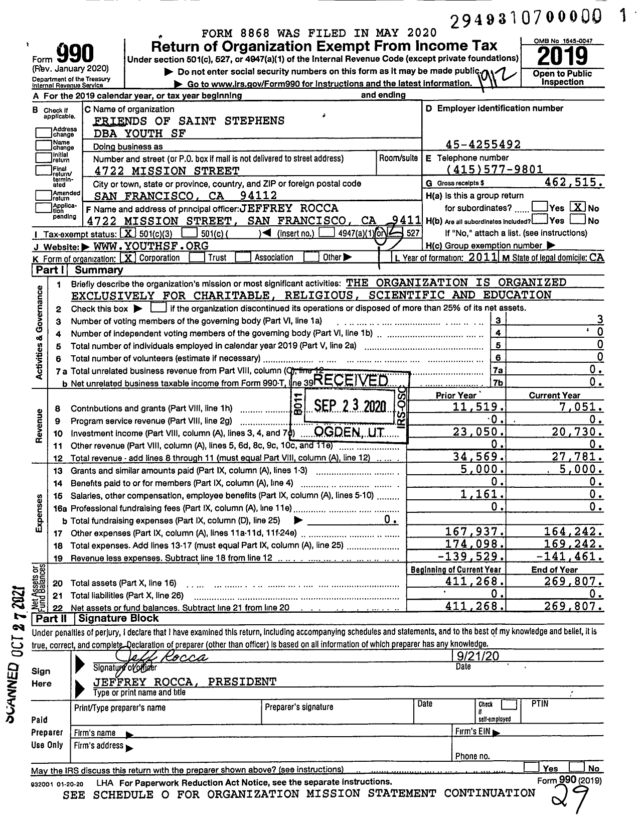 Image of first page of 2019 Form 990 for Youth SF