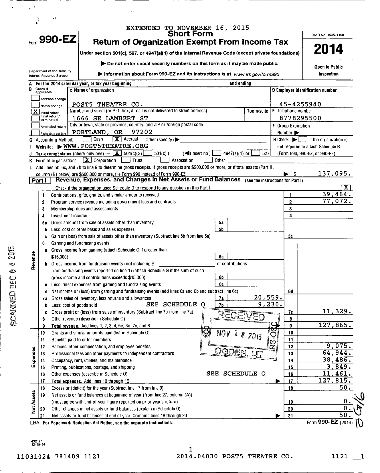 Image of first page of 2014 Form 990EZ for Post5 Theater Company