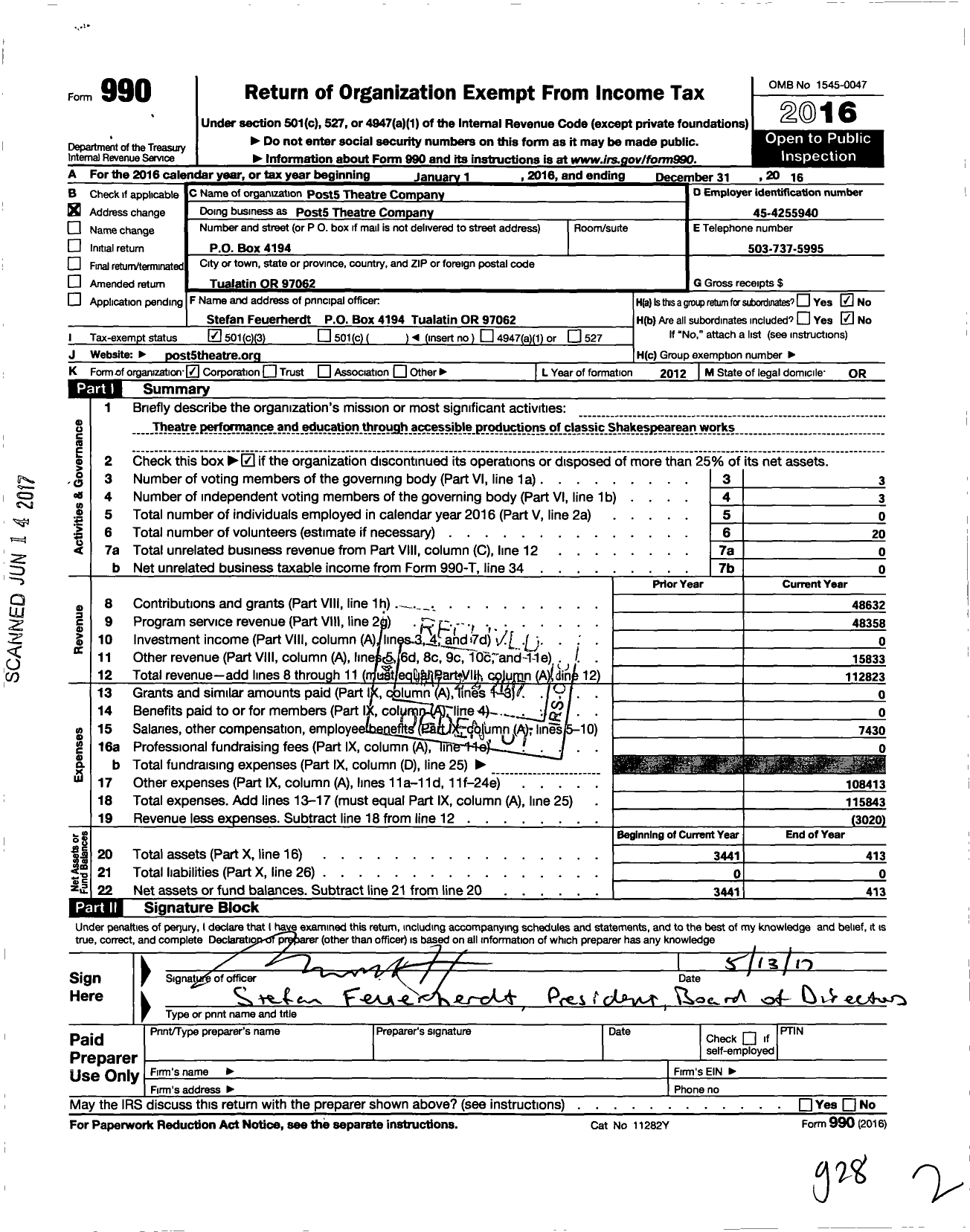 Image of first page of 2016 Form 990 for Post5 Theater Company