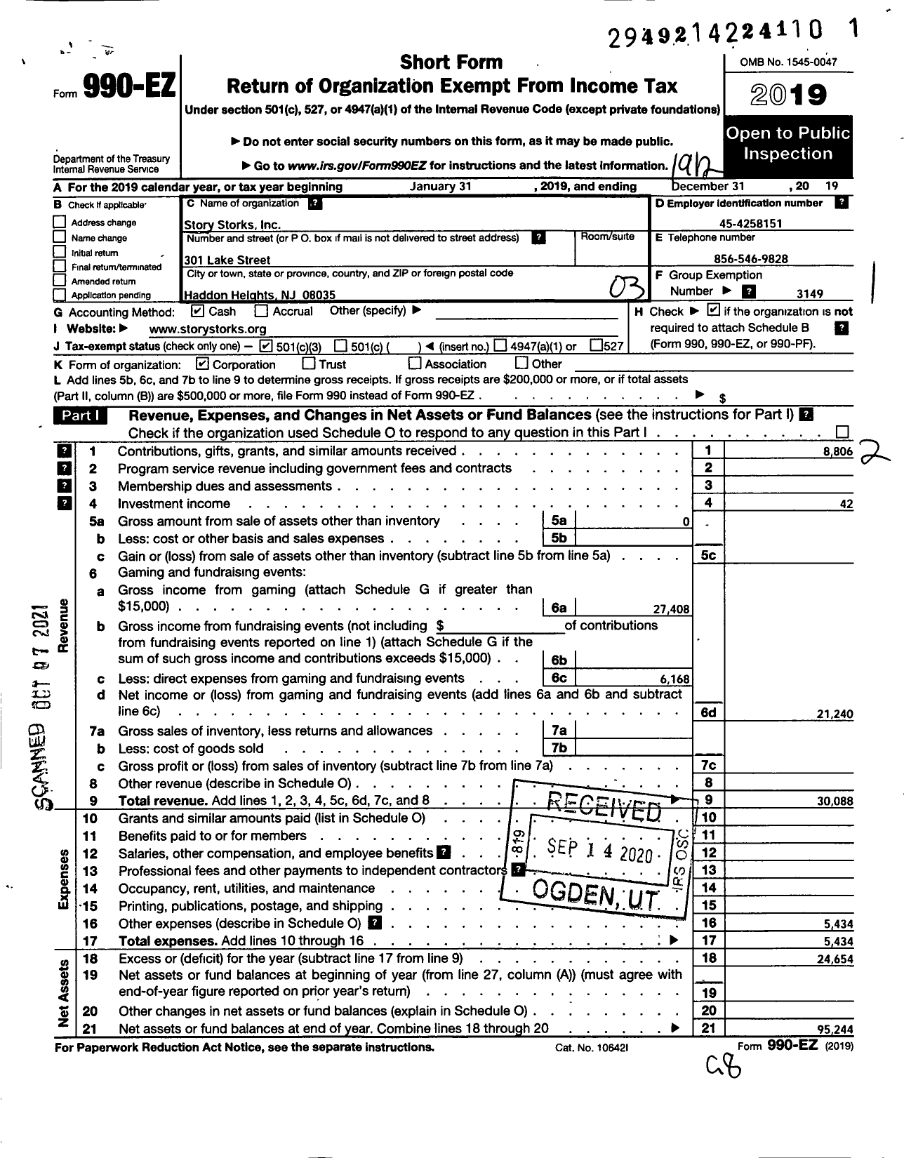 Image of first page of 2019 Form 990EZ for Story Storks