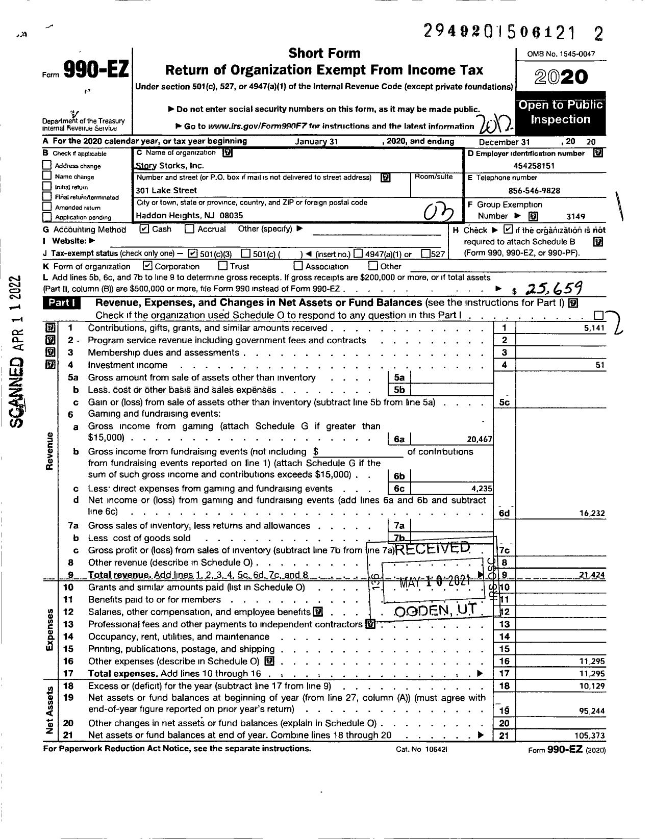 Image of first page of 2020 Form 990EZ for Story Storks