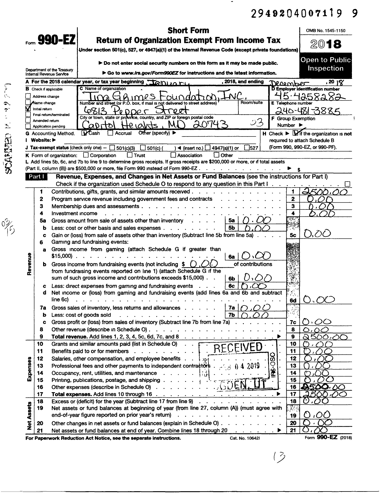 Image of first page of 2018 Form 990EZ for Tina Grimes Foundation Incorporated