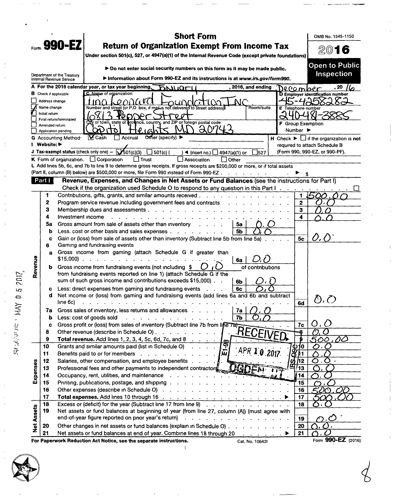 Image of first page of 2016 Form 990EZ for Tina Grimes Foundation Incorporated