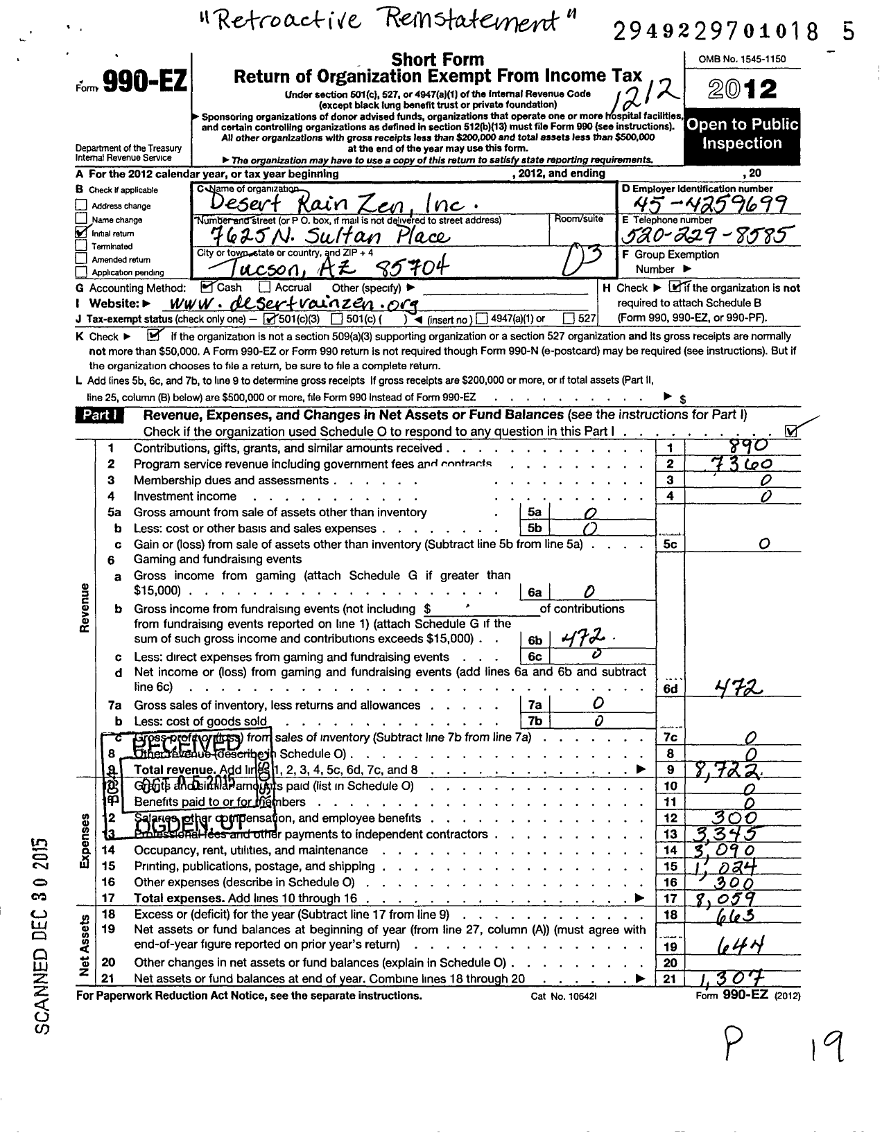 Image of first page of 2012 Form 990EZ for Desert Rain Zen