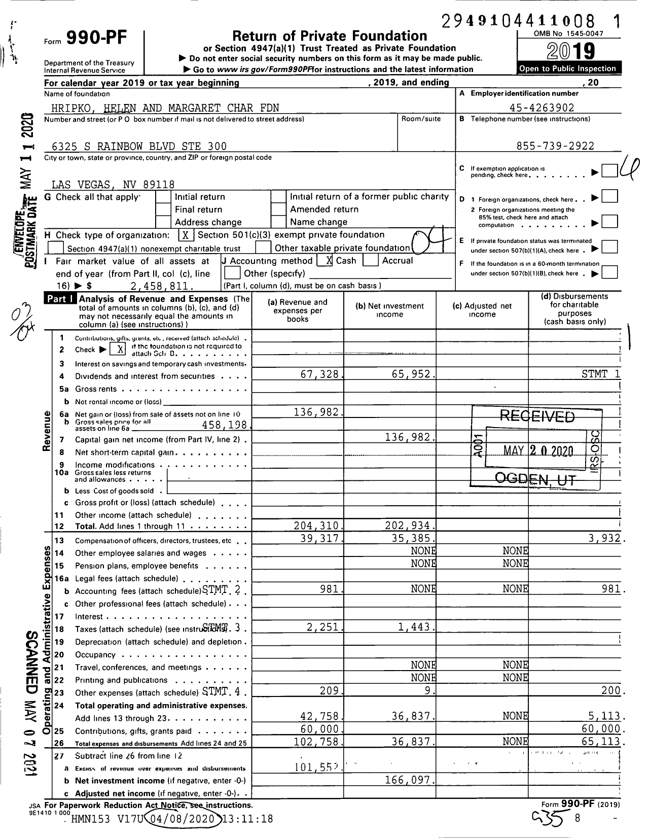 Image of first page of 2019 Form 990PF for Hripko Helen and Margaret Char Foundation