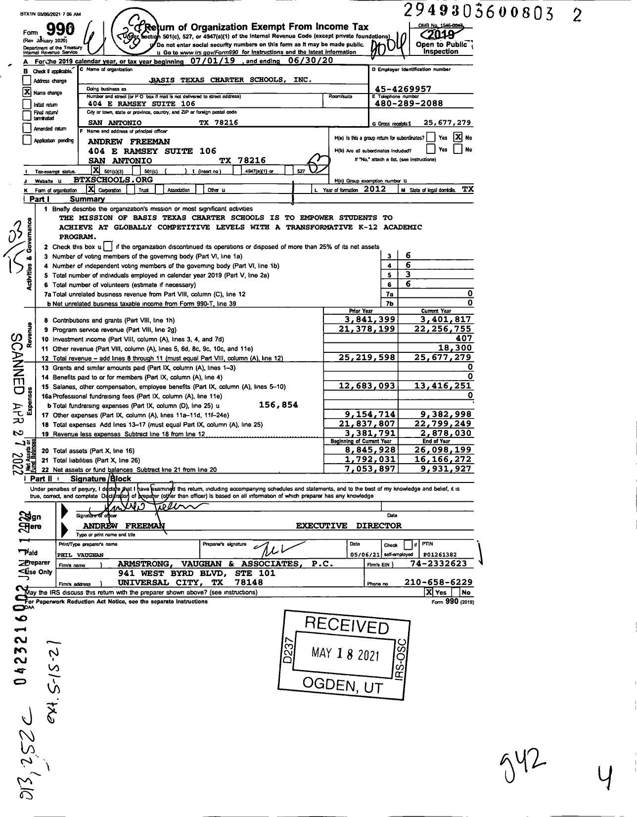 Image of first page of 2019 Form 990 for Basis Texas Charter Schools
