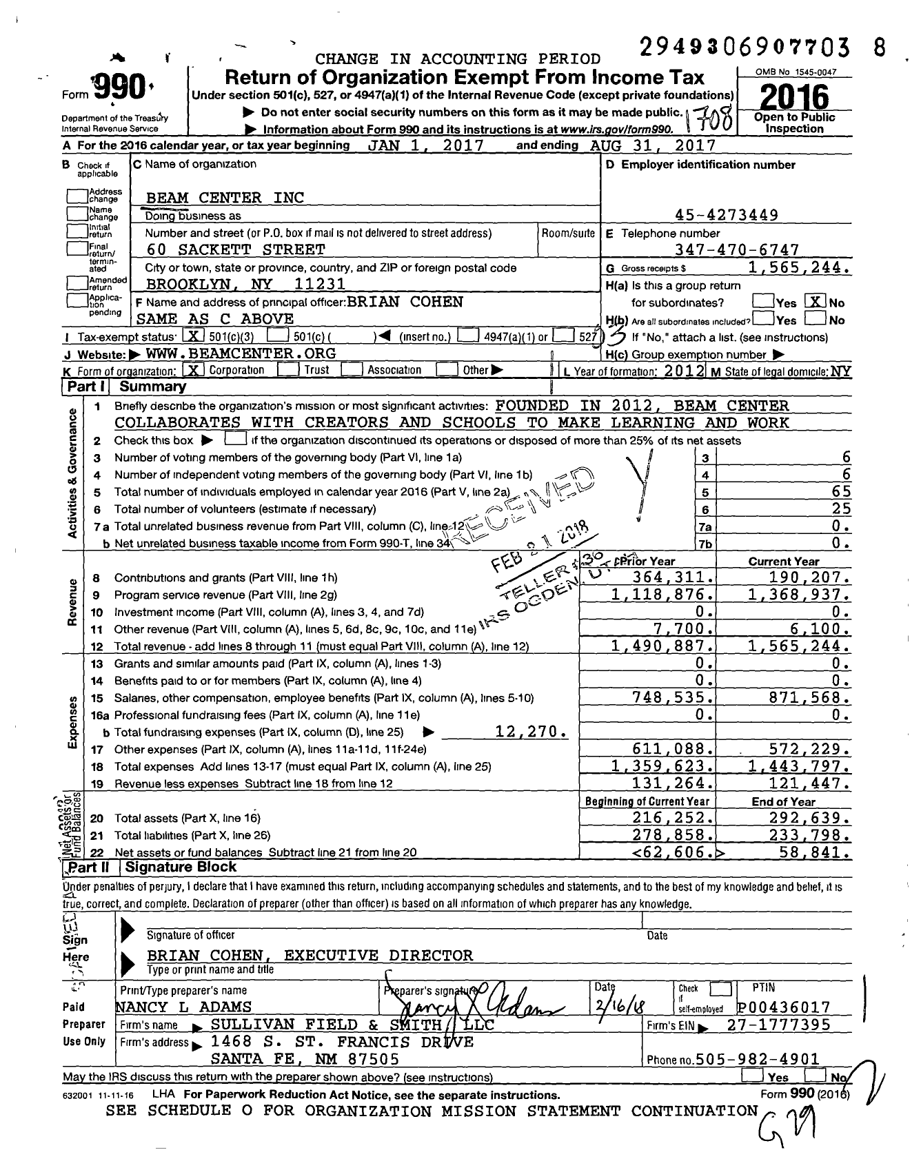 Image of first page of 2016 Form 990 for Beam Center