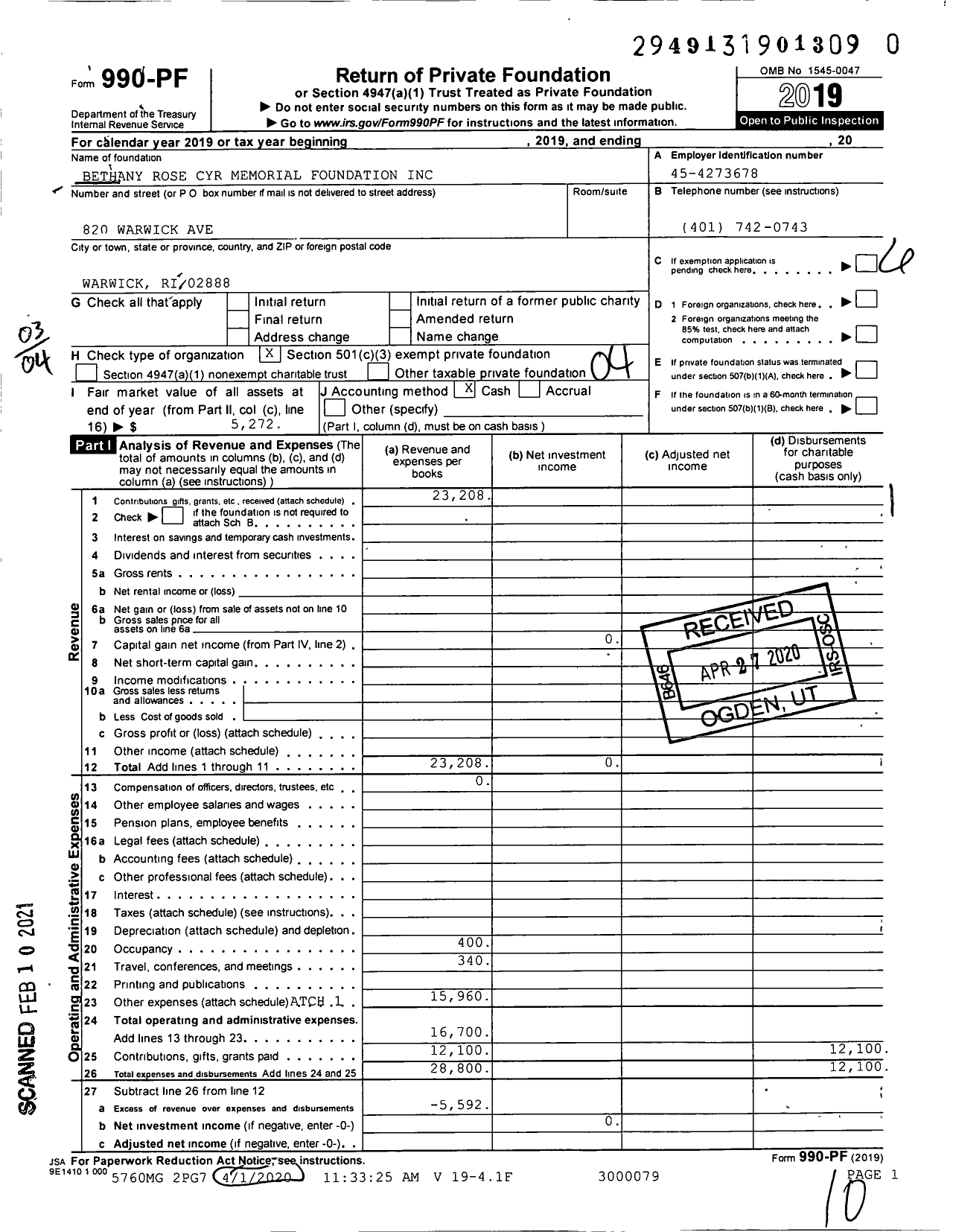 Image of first page of 2019 Form 990PF for Bethany Rose Cyr Memorial Foundation