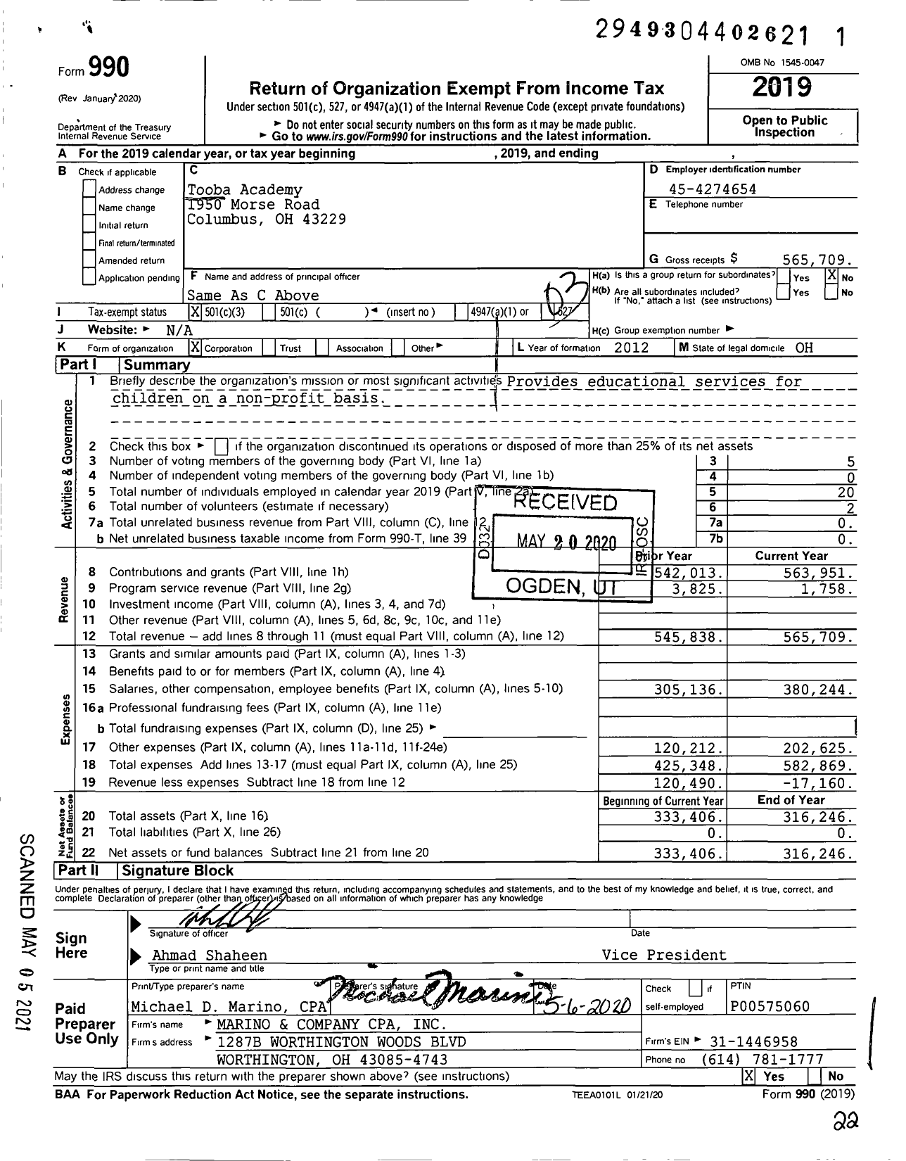 Image of first page of 2019 Form 990 for Tooba Academy