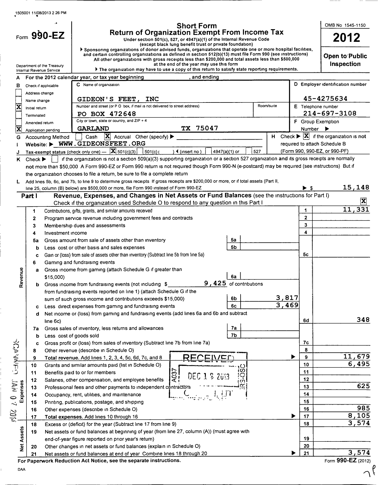 Image of first page of 2012 Form 990EZ for Gideon's Feet