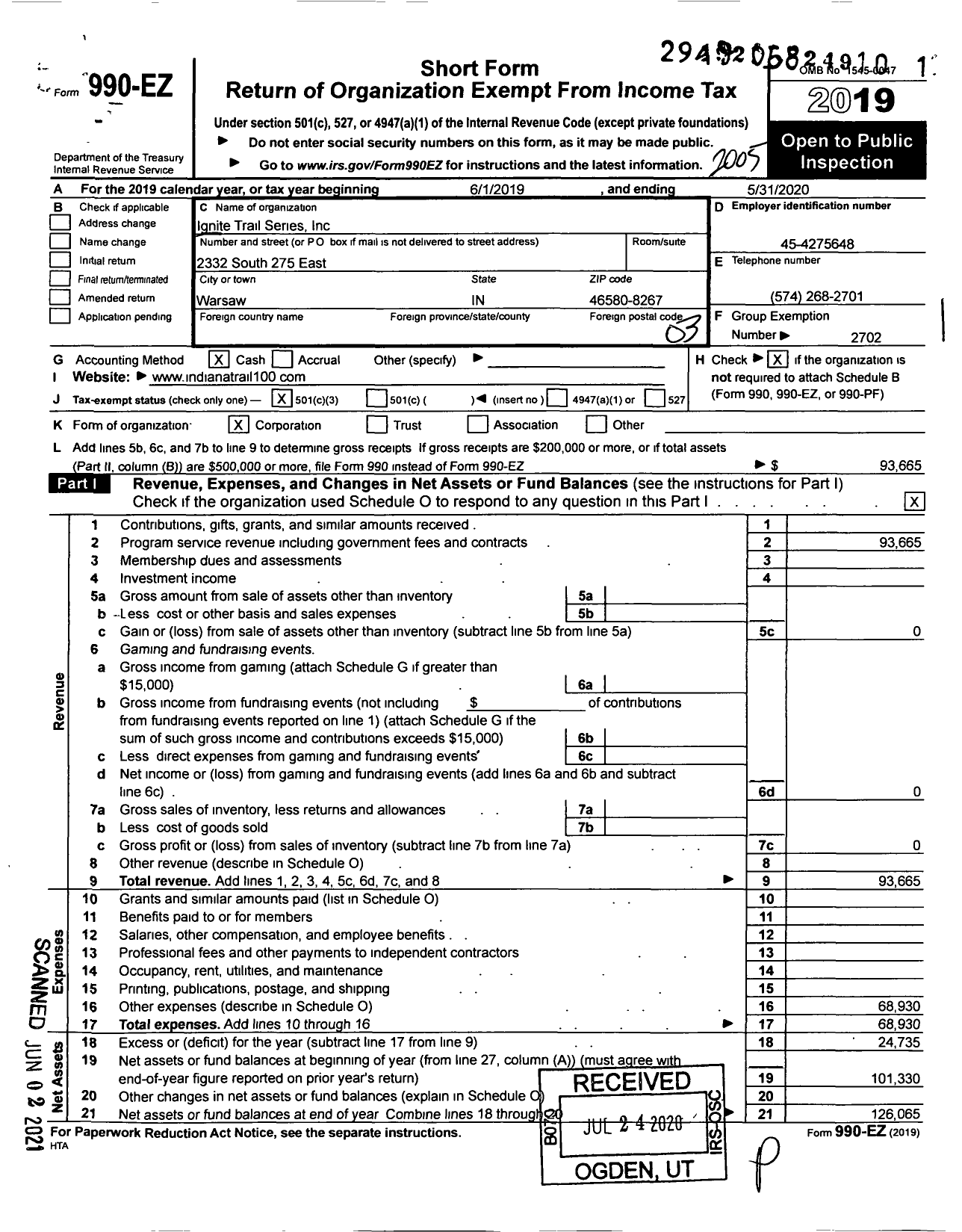 Image of first page of 2019 Form 990EZ for Ignite Trail Series