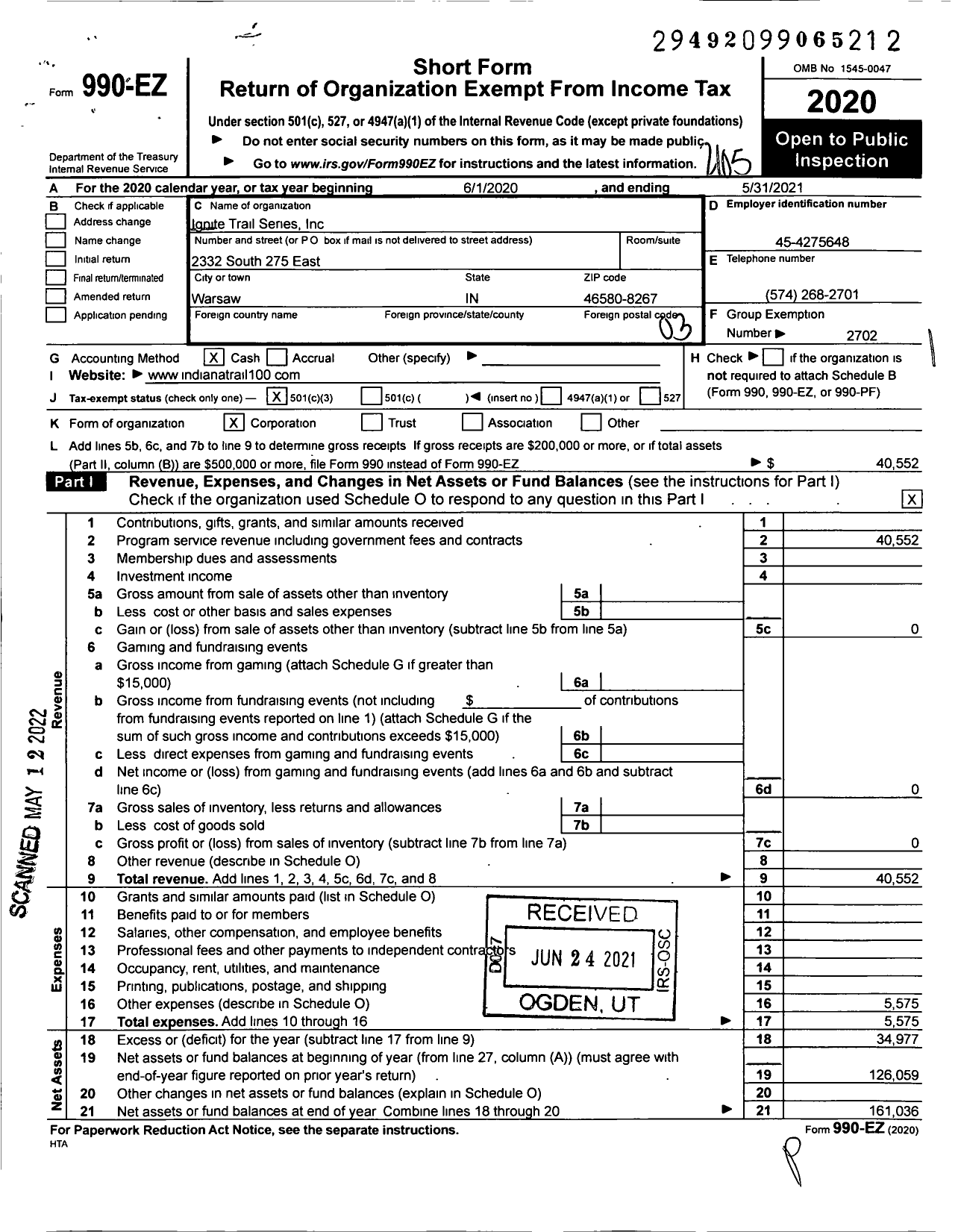 Image of first page of 2020 Form 990EZ for Ignite Trail Series