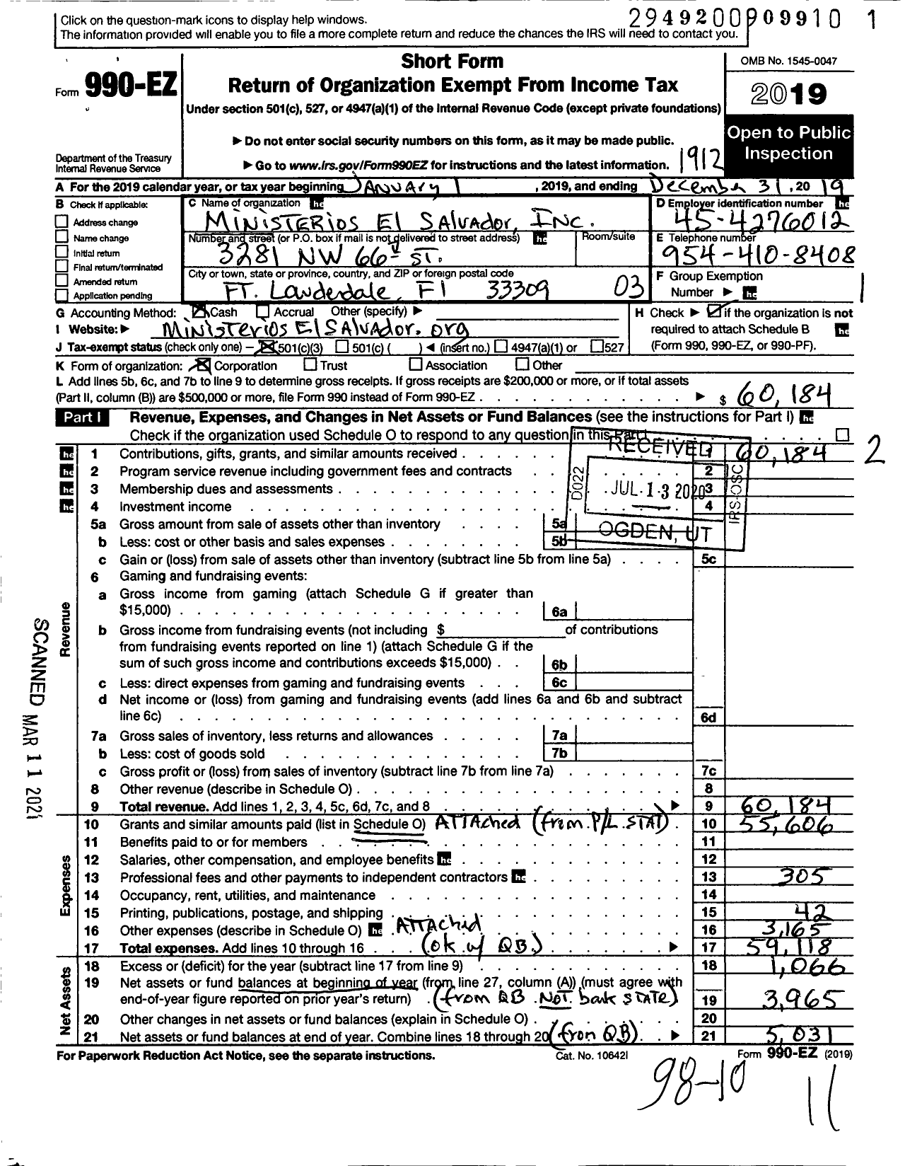 Image of first page of 2019 Form 990EZ for Ministerios El Salvador