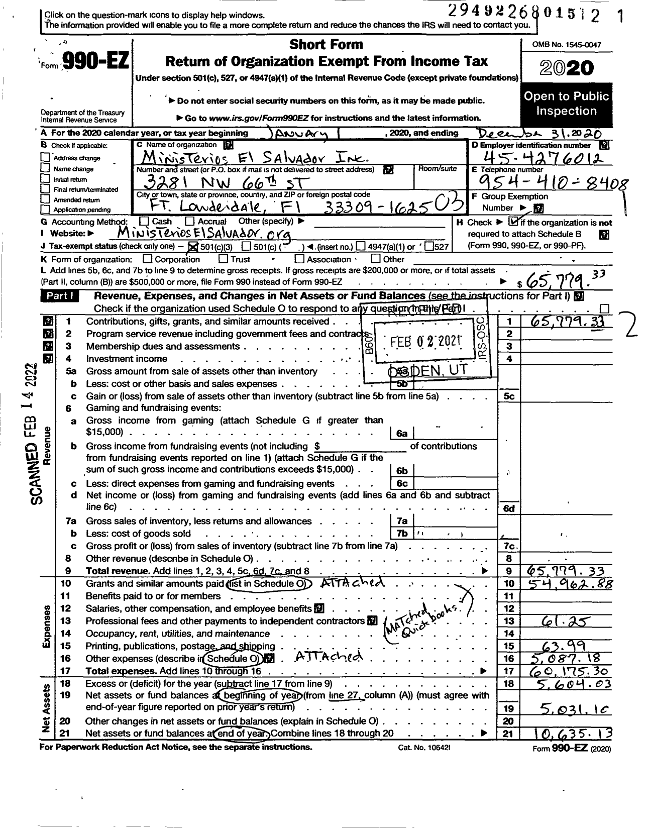 Image of first page of 2020 Form 990EZ for Ministerios El Salvador