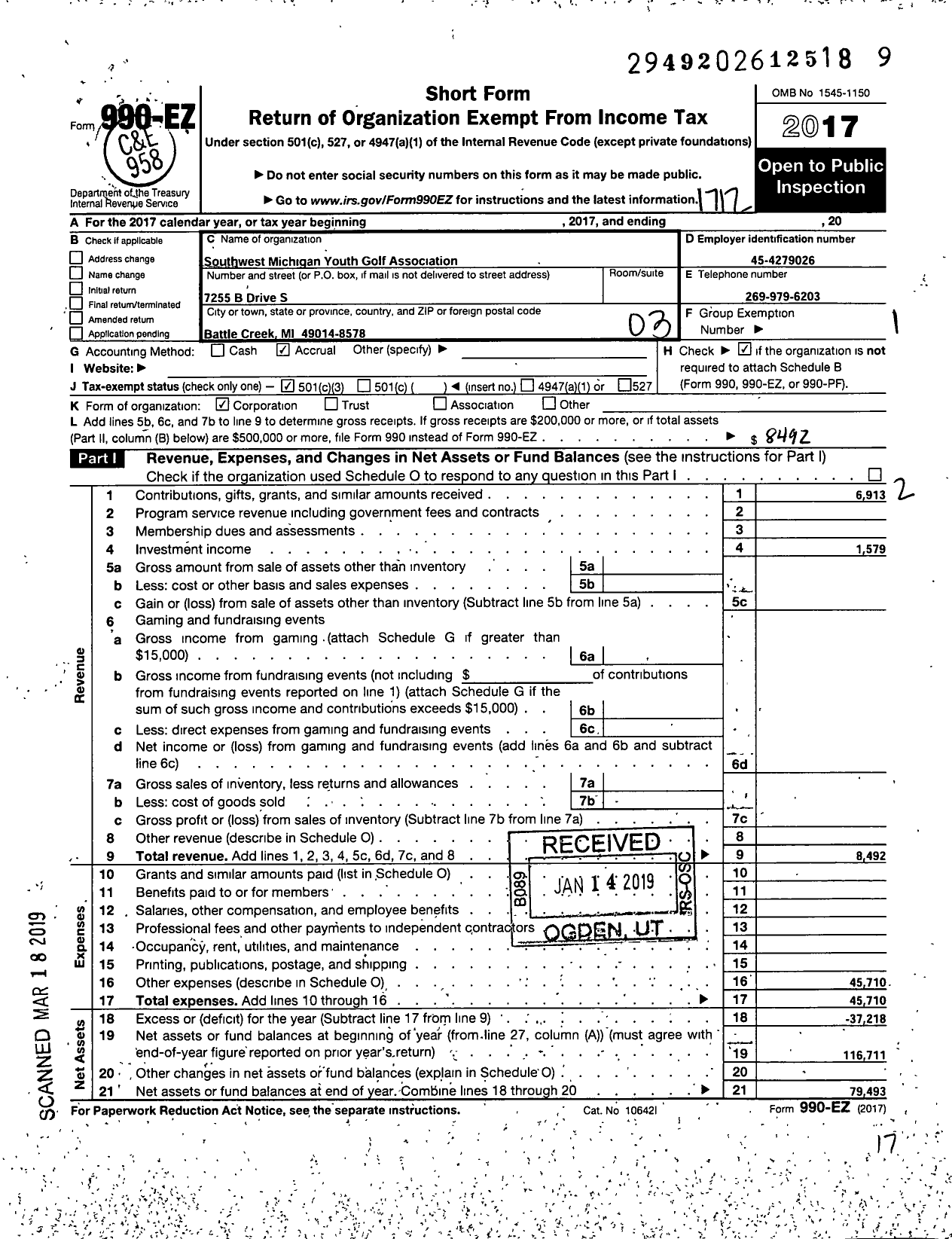 Image of first page of 2017 Form 990EZ for Southwest Michigan Youth Golf Association