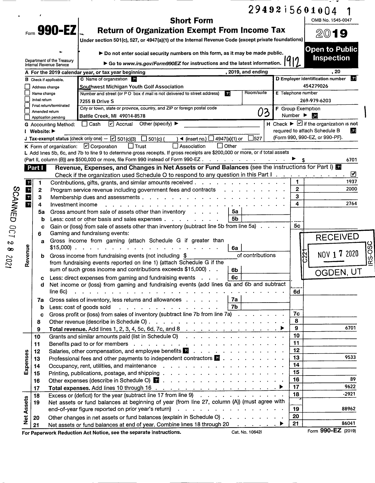 Image of first page of 2019 Form 990EZ for Southwest Michigan Youth Golf Association