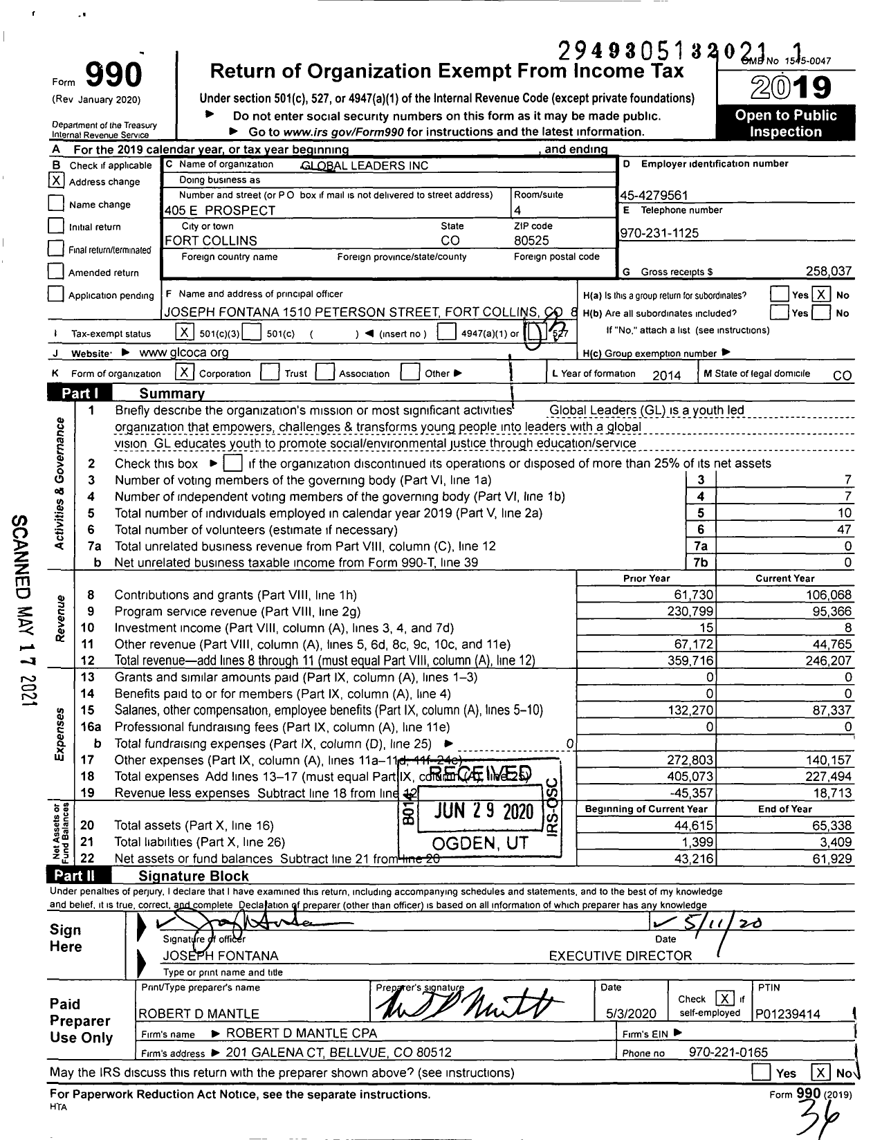 Image of first page of 2019 Form 990 for Global Leaders