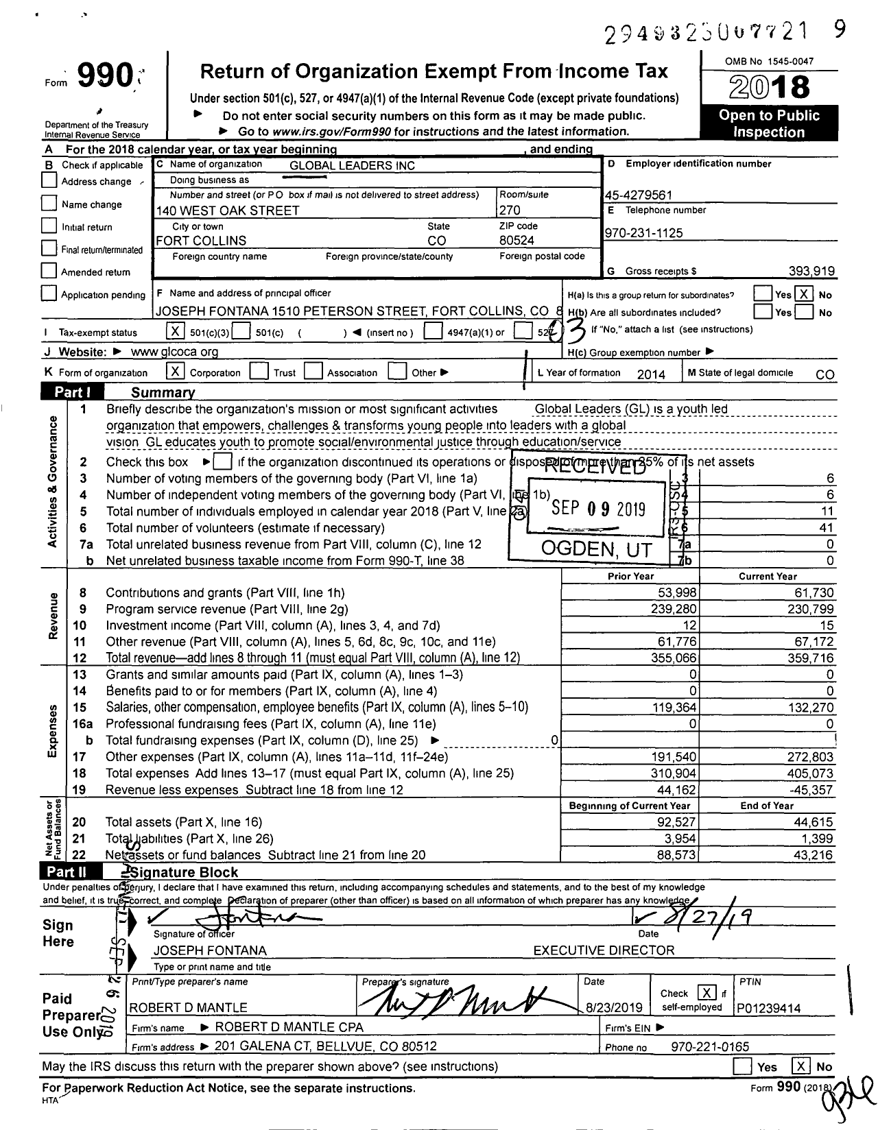 Image of first page of 2018 Form 990 for Global Leaders