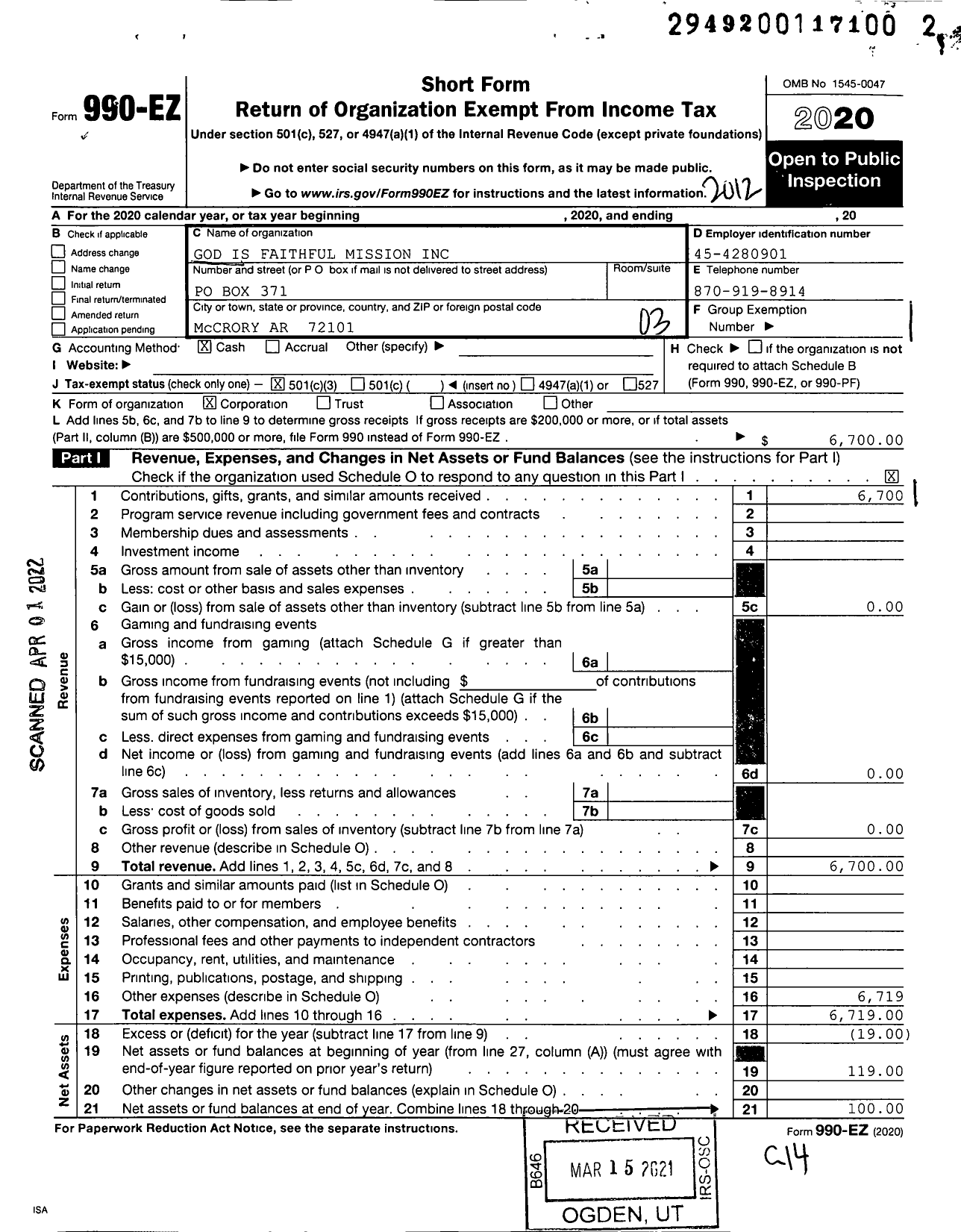 Image of first page of 2020 Form 990EZ for God Is Faithful Mission