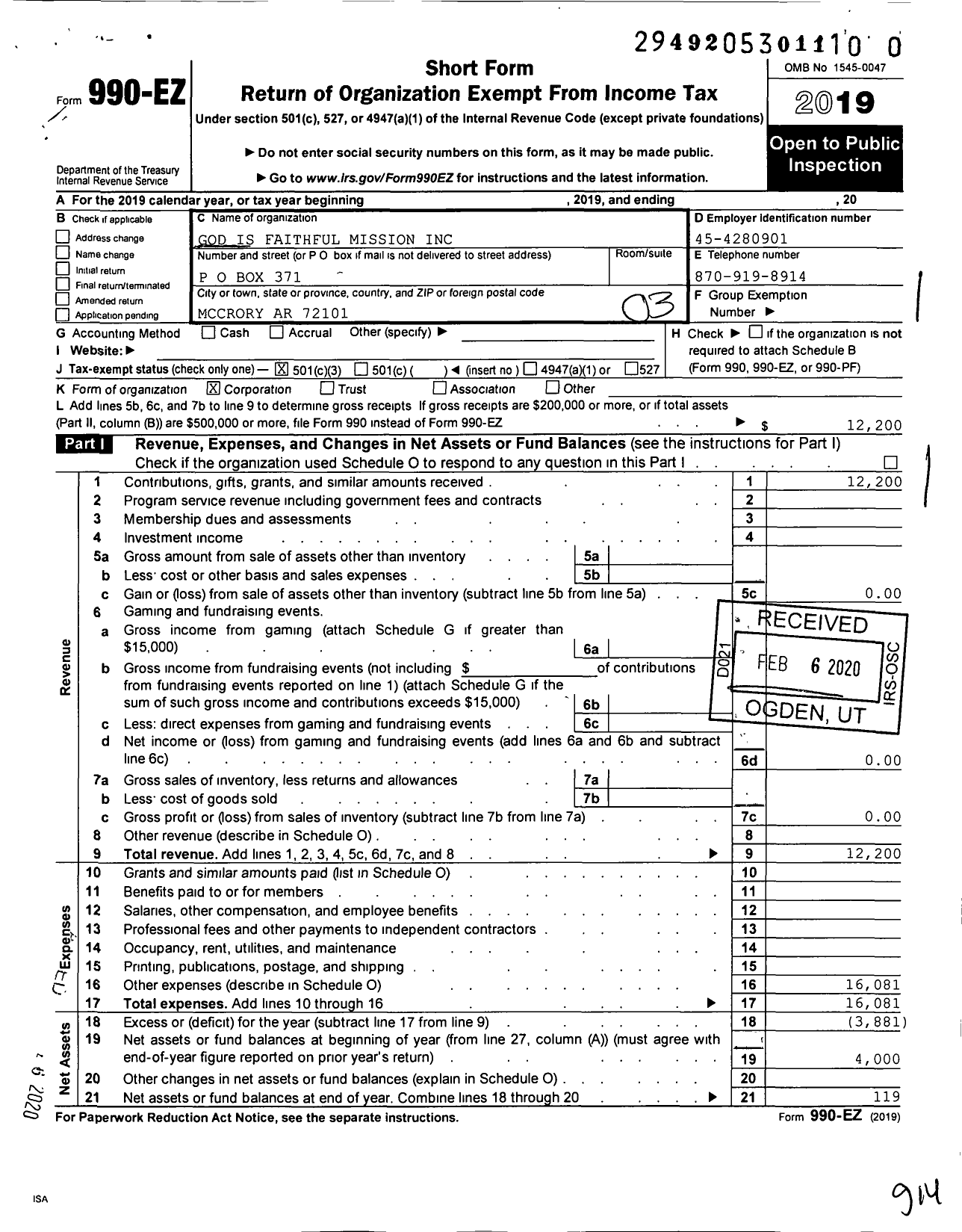 Image of first page of 2019 Form 990EZ for God Is Faithful Mission