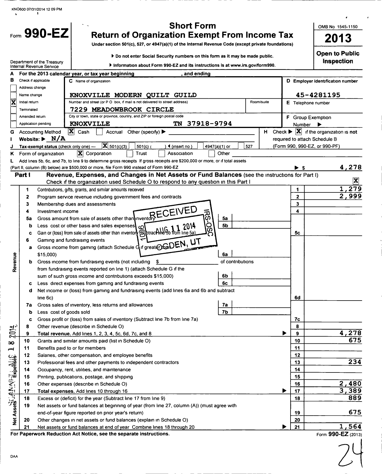 Image of first page of 2013 Form 990EZ for Modern Quilt Guild / Knoxville Modern Quilt Guild