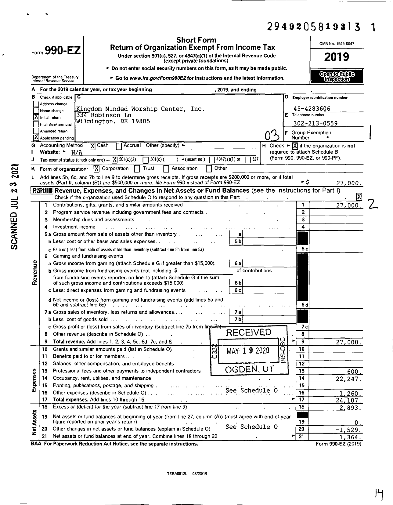 Image of first page of 2019 Form 990EZ for Kingdom Minded Worship Center