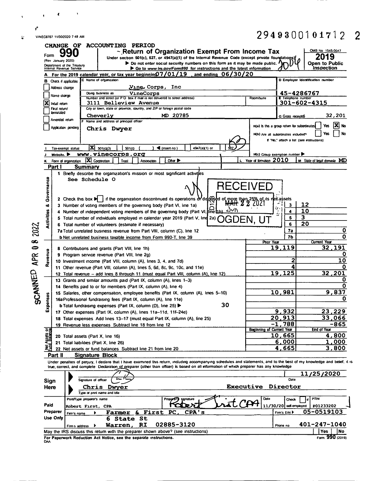 Image of first page of 2019 Form 990 for VineCorps